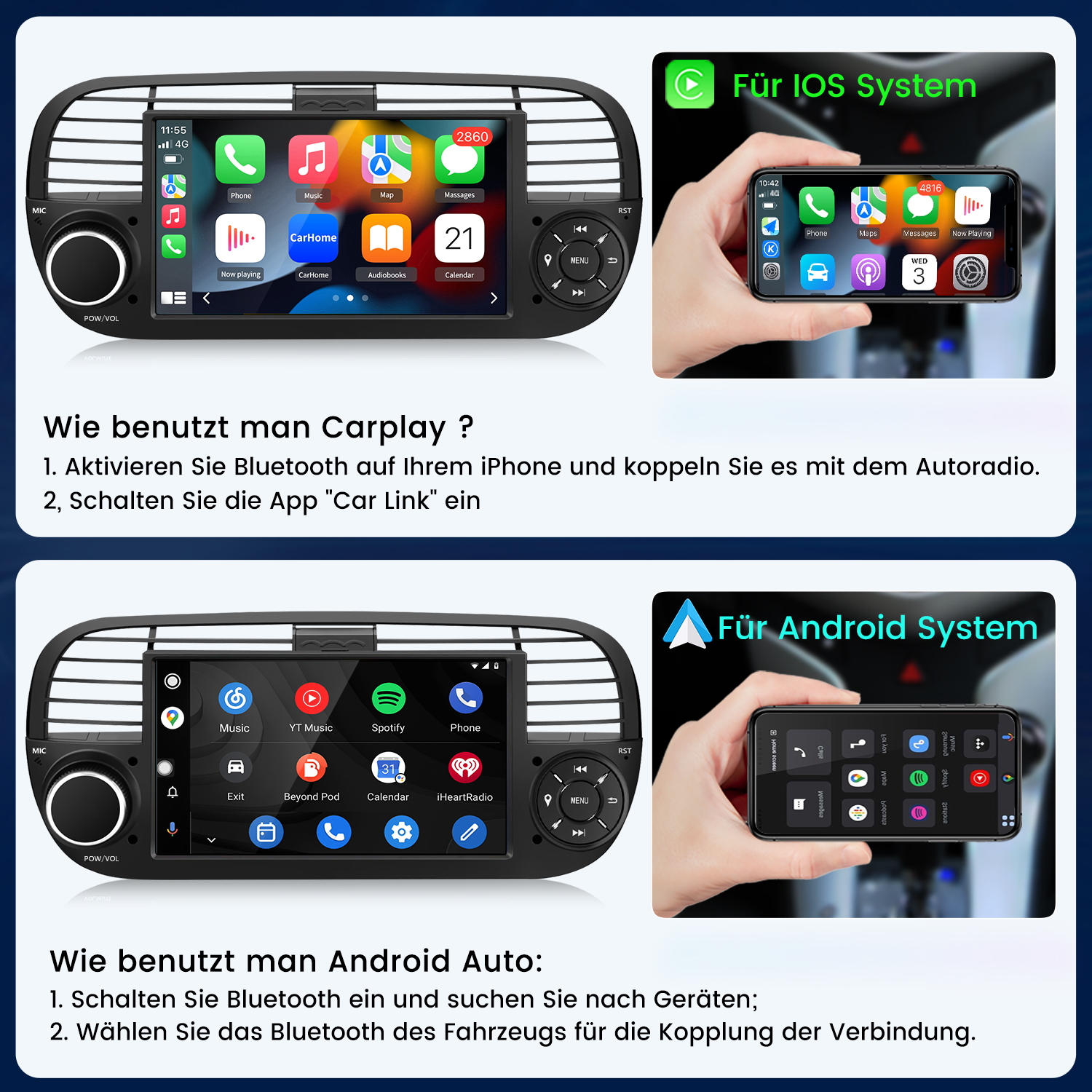 Infografik zeigt Autoradios mit Carplay und Android Auto, jeweils mit Smartphone-Anbindung.
