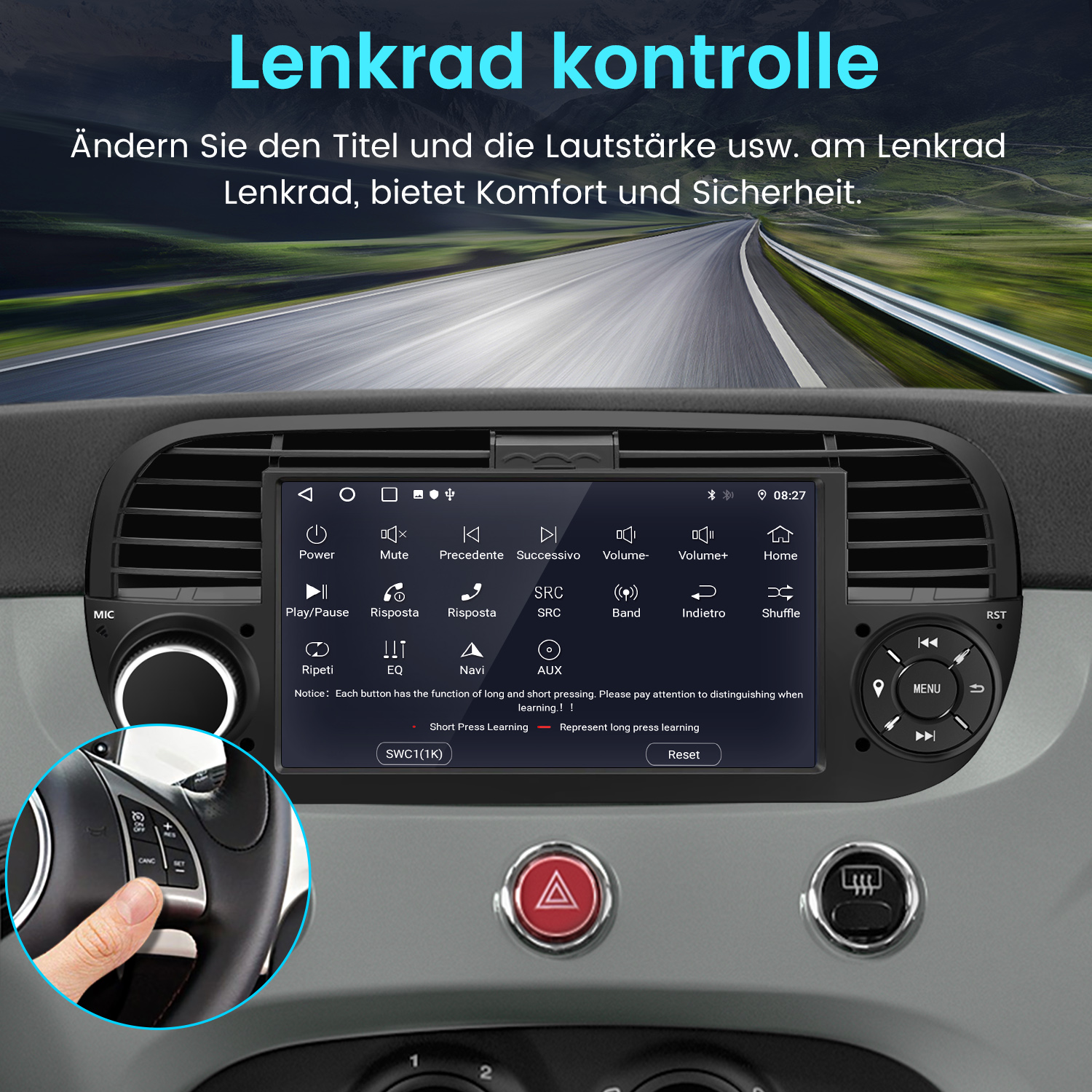 Ein Finger drückt auf eine Taste am Lenkrad eines Autos mit einem Infotainment-Bildschirm.