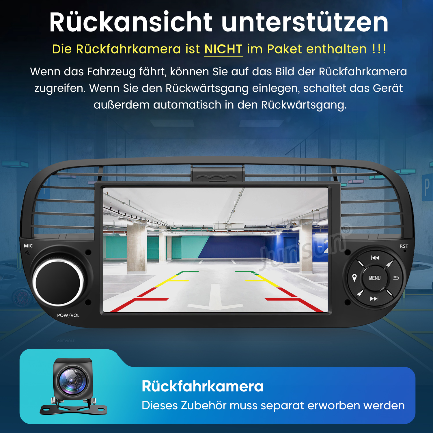 Ein Autoradio zeigt eine Parkhaussicht mit Hilfslinien und eine Rückfahrkamera.