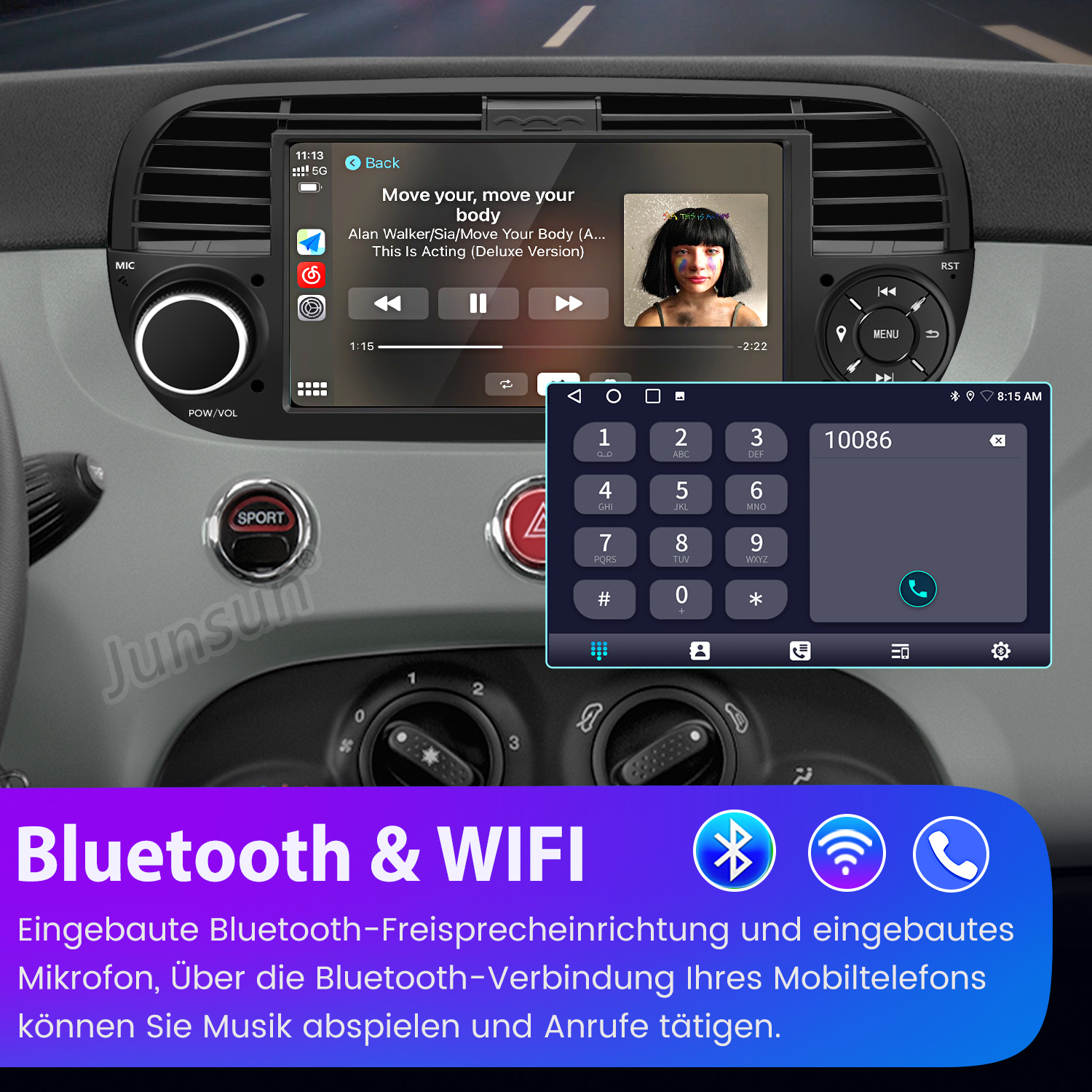 Autoinnenraum mit Navi-Bildschirm, der Musik abspielt und eine Tastatur zeigt.
