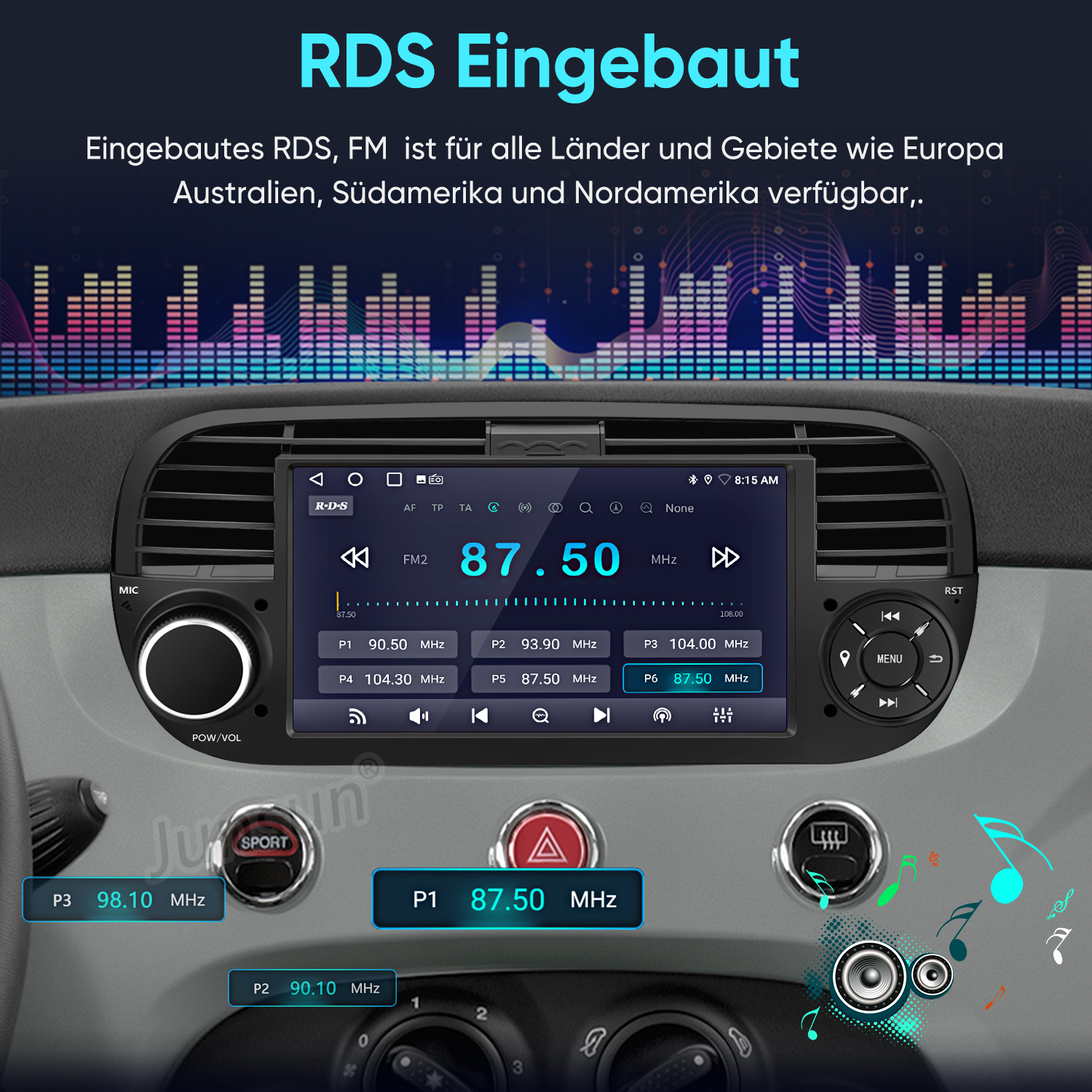 Autoradio-Bildschirm zeigt RDS, FM-Frequenzen und Bedienelemente an.