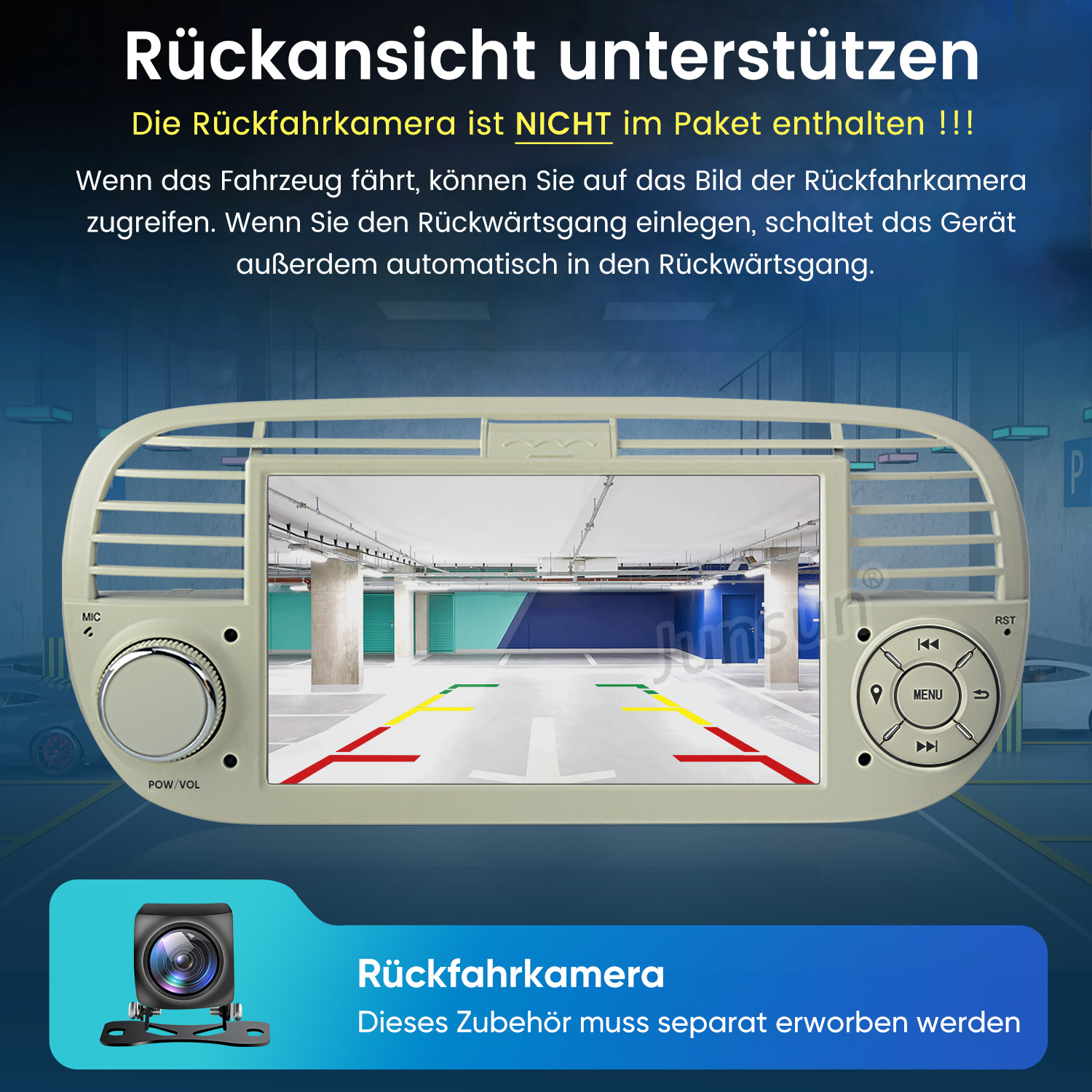 Bildschirm zeigt Parkgarage mit Rückfahrkamera-Linien und Kamera.