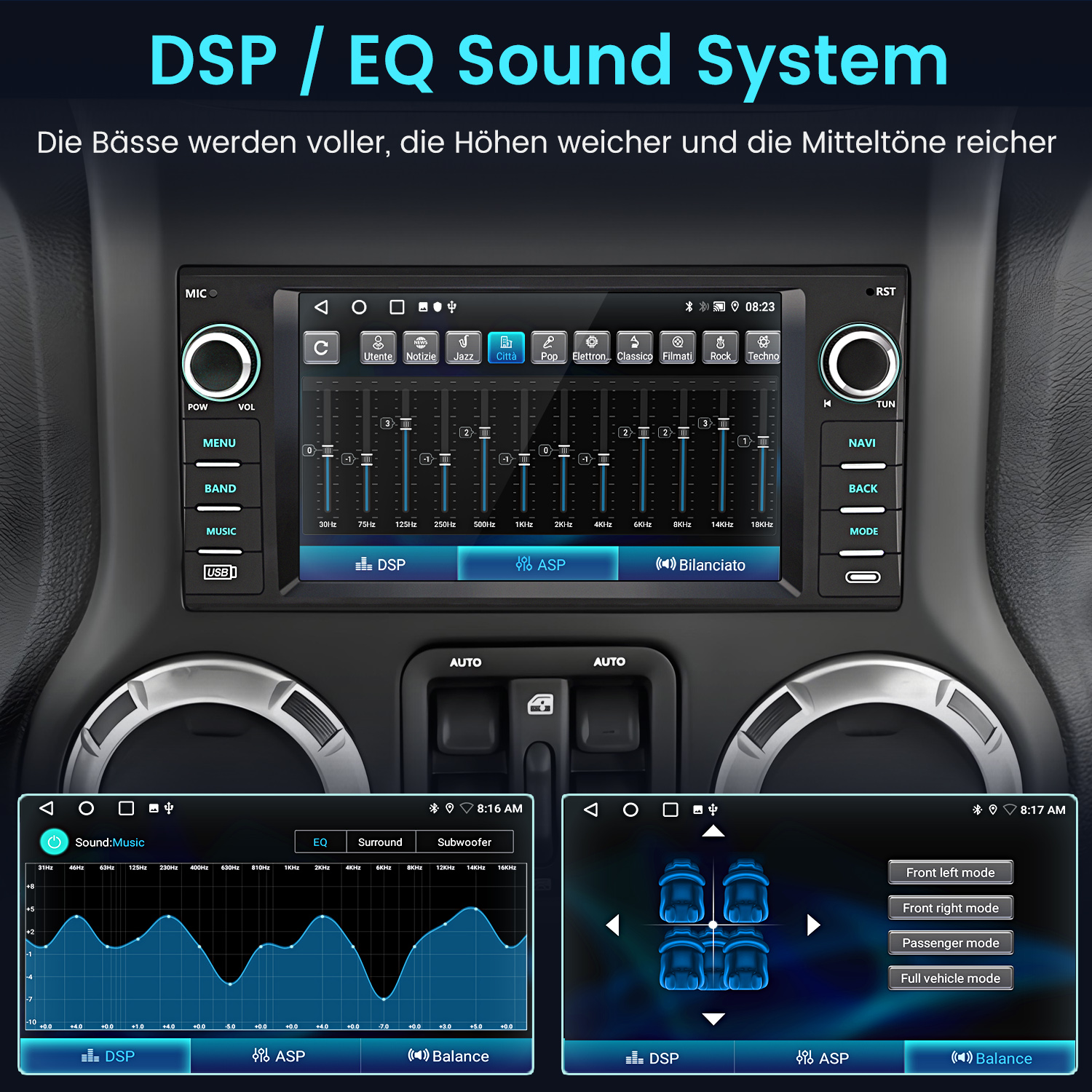 Ein Auto-Infotainmentsystem mit EQ- und DSP-Einstellungen und Lautsprecherkonfiguration.