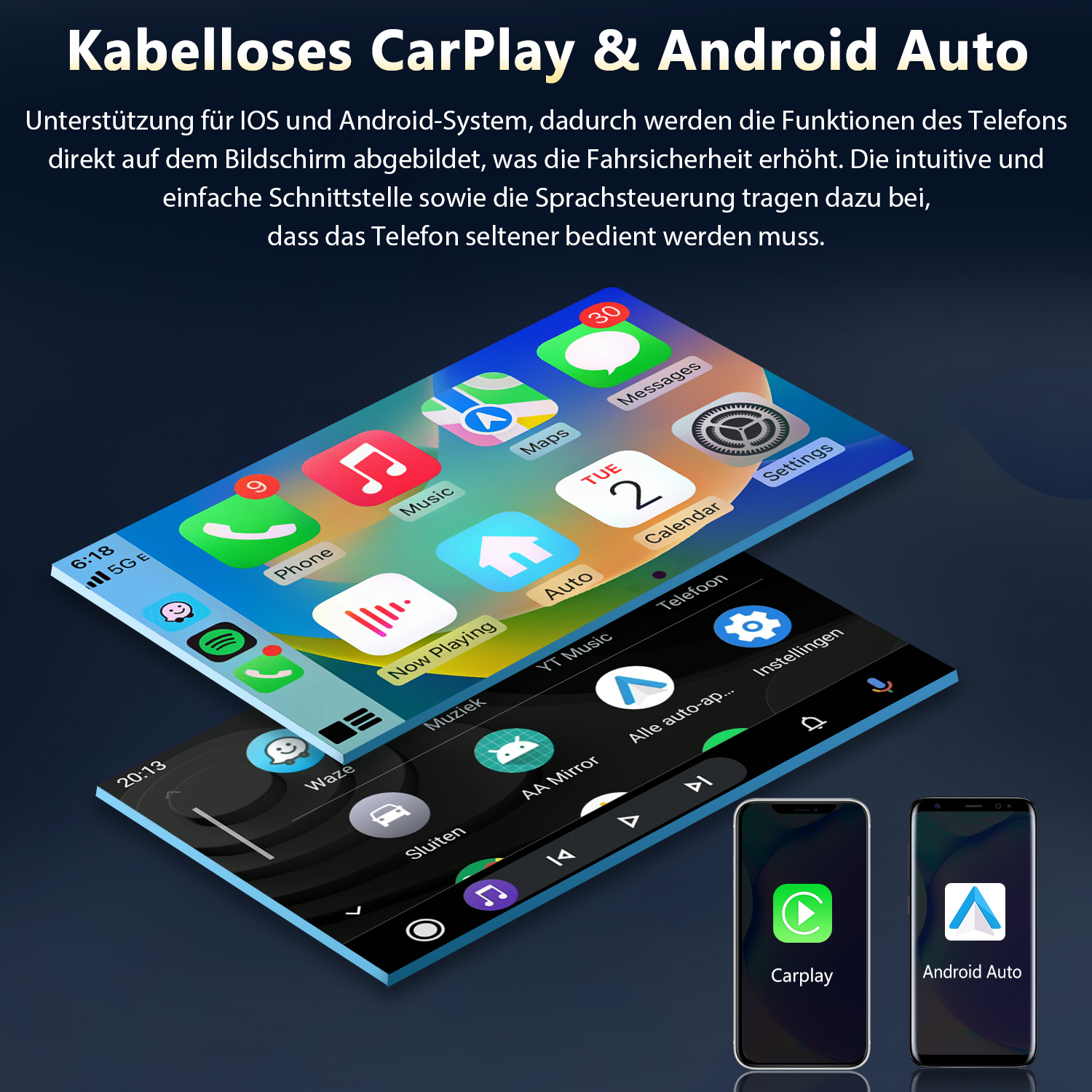 Drahtloses CarPlay & Android Auto auf zwei Handy-Displays und Auto-Infotainment-Screens.