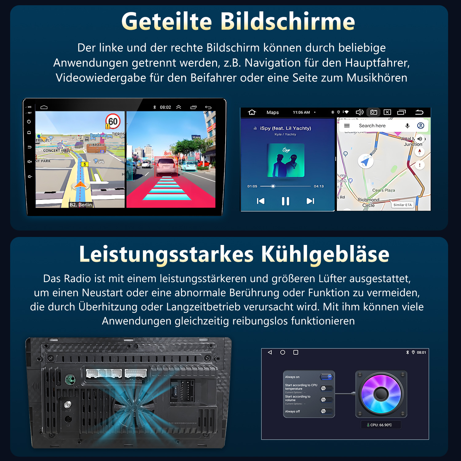 Zwei geteilte Bildschirme zeigen Navigation und Musik-Player.
