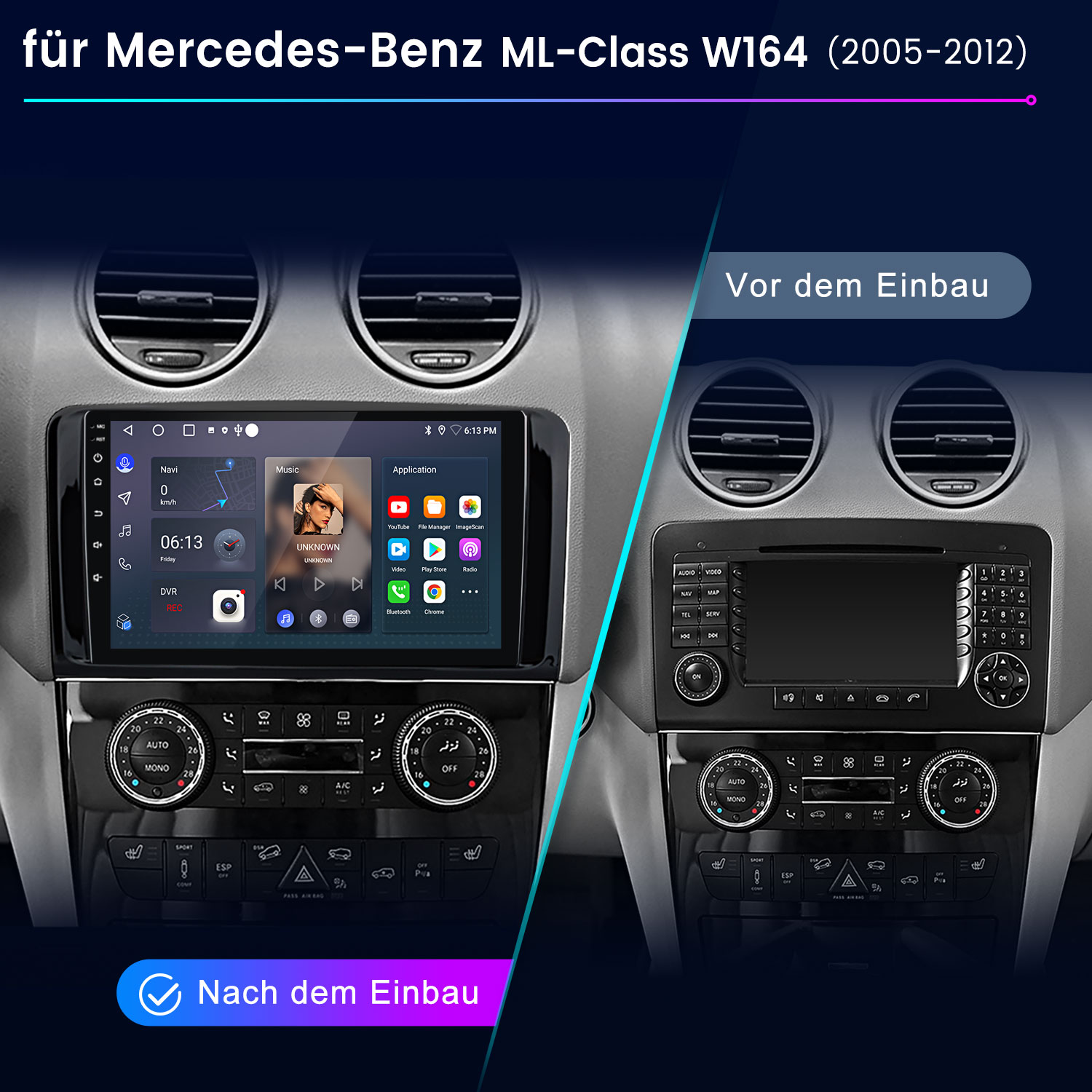Vergleich: Mercedes W164 Infotainment vor und nach dem Einbau.