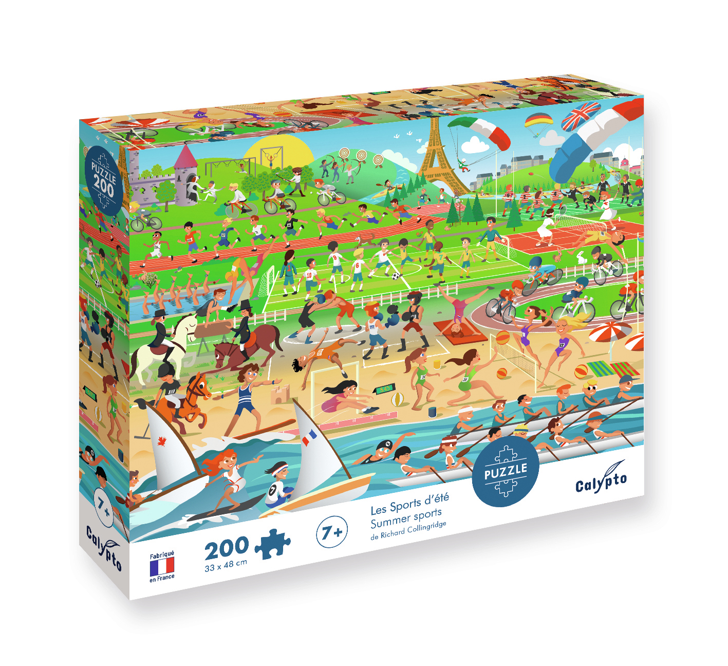 Eine bunte Puzzlebox zeigt Sommeraktivitäten: Rudern, Reiten, Radfahren, Ballspiele, Turmspringen, Paris-Eiffelturm.