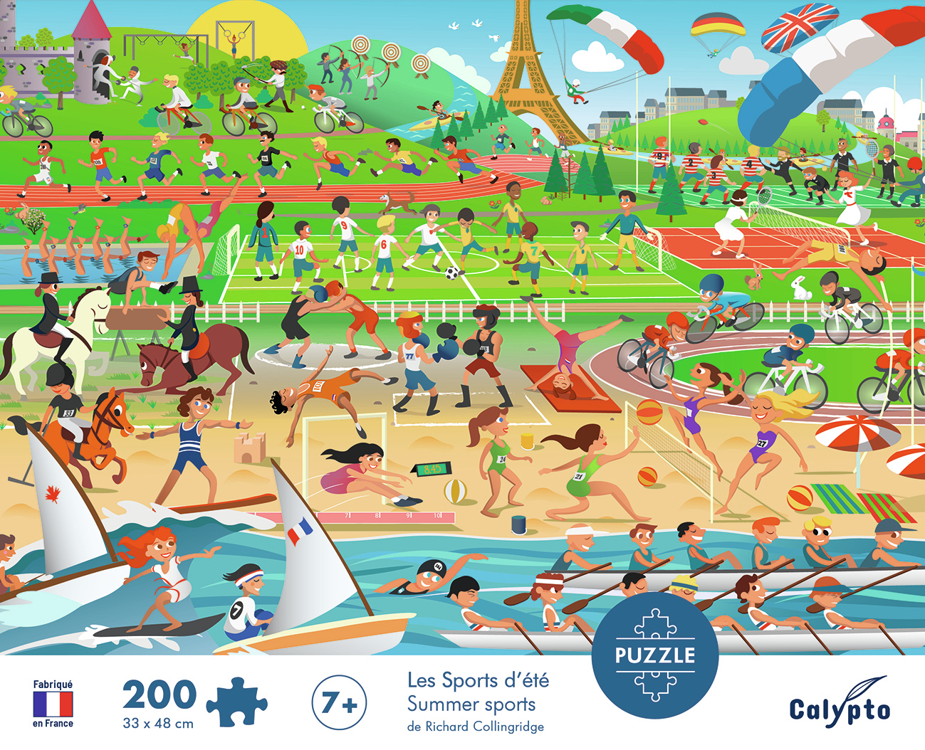 Eine bunte Illustration von Menschen, die verschiedene Sommer- und Wassersportarten ausüben.