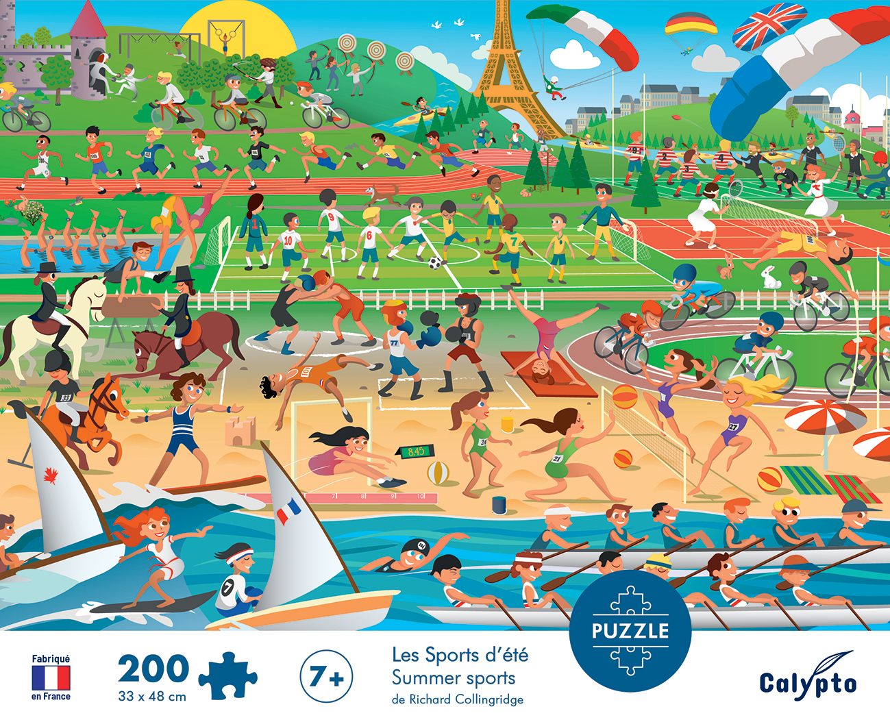 Sommersport-Illustration mit vielen Aktivitäten: Radfahren, Laufen, Schwimmen, Rudern.