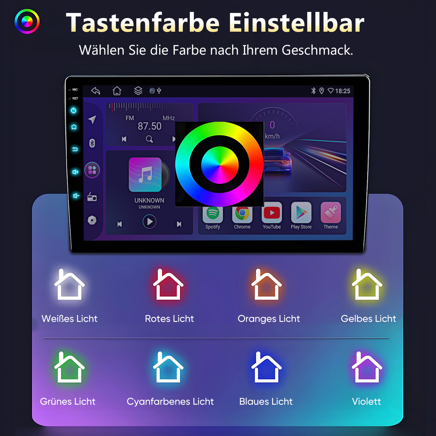 Ein Touchscreen-Radio zeigt eine Farbauswahl und verschiedene Lichtfarben an.
