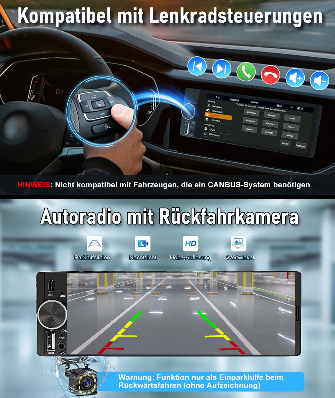 Ein Autoradio mit Rückfahrkamera-Funktion, das mit Lenkradsteuerungen kompatibel ist.