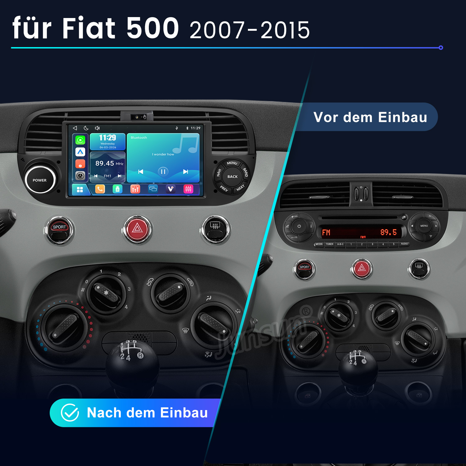 Vergleich eines Fiat 500 Armaturenbretts vor und nach dem Einbau eines neuen Radios.