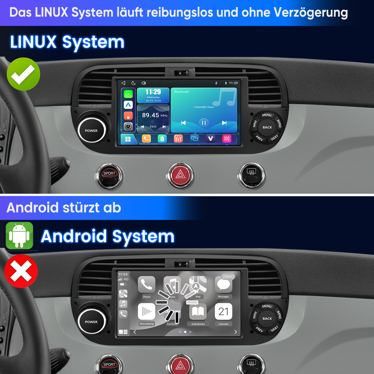 Zwei Auto-Infotainmentsysteme: LINUX (oben) mit Musik-Player, Android (unten) mit App-Menü.