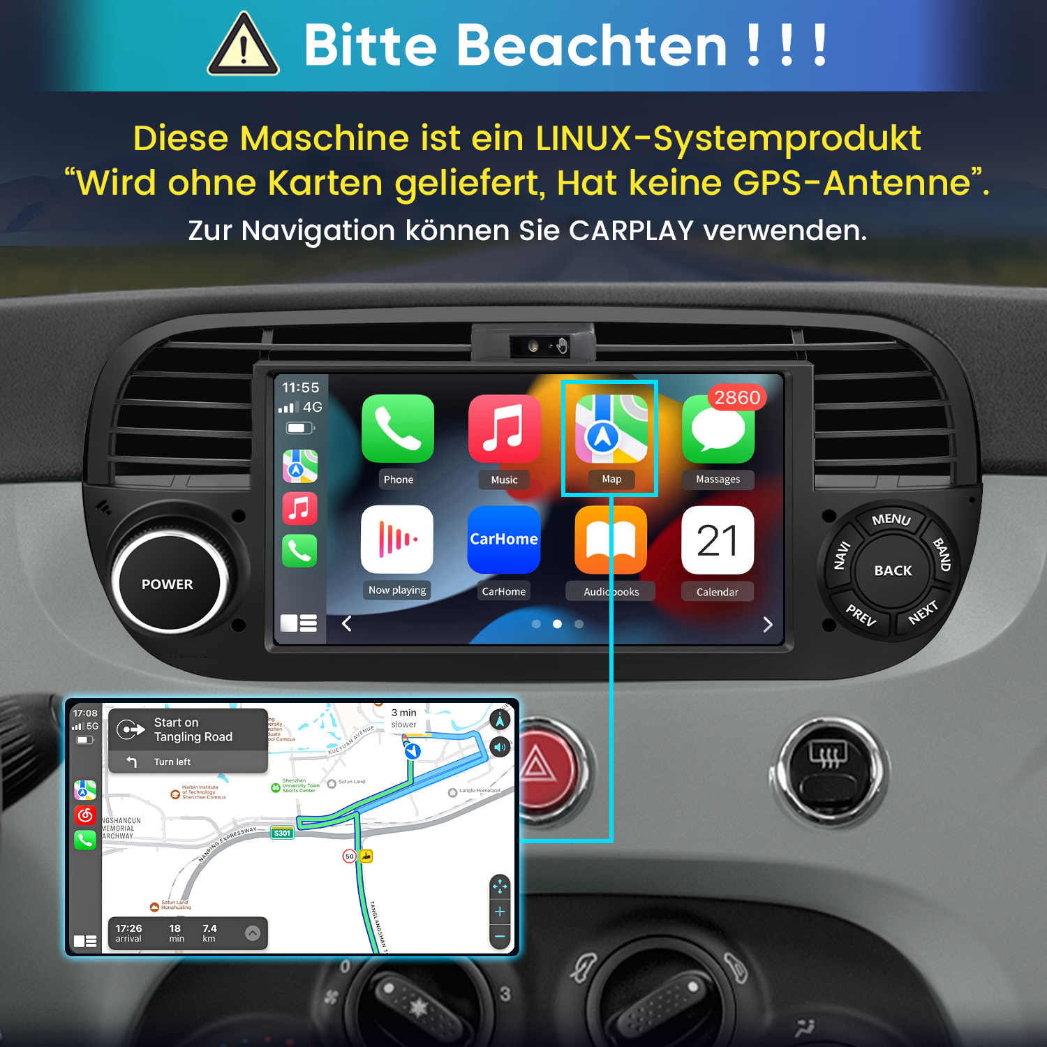 Autoinnenraum mit Navi-Bildschirm, der eine Karte anzeigt. Warnhinweis.