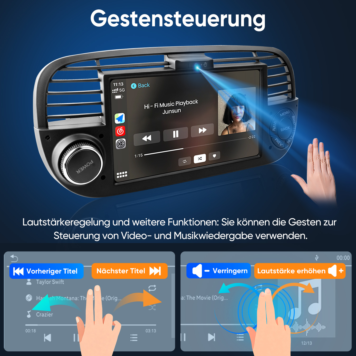Gestensteuerung eines Autoradios mit Musik und Lautstärkeregelung.