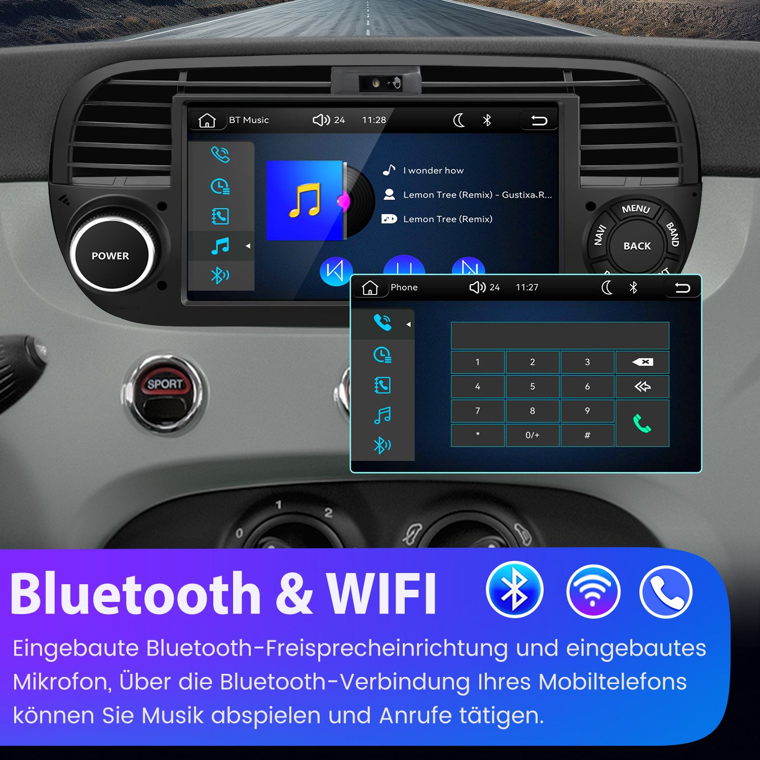Auto-Infotainmentsystem mit Musik und Telefon. Anzeige von Liedtiteln und Ziffernblock.