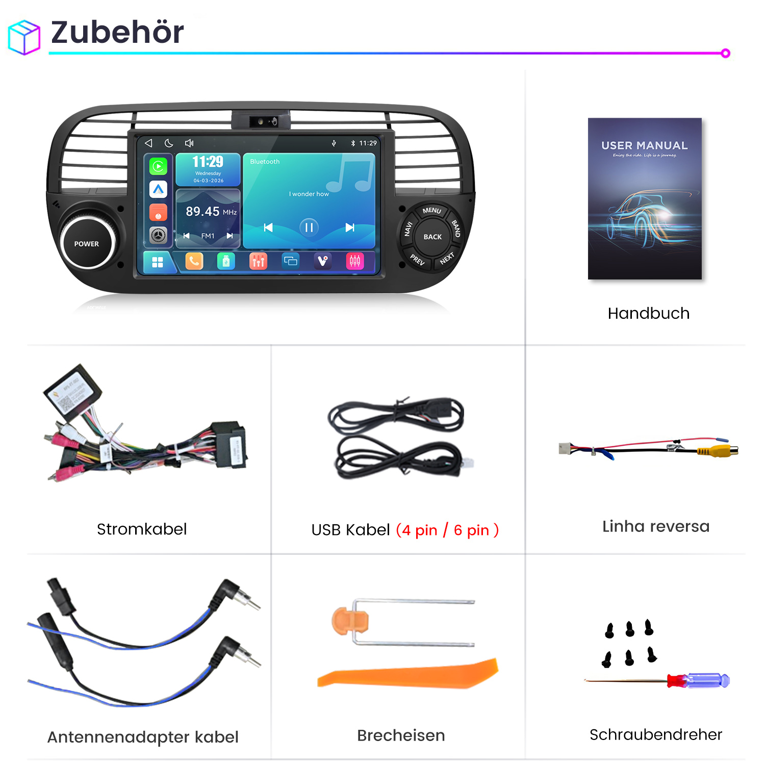 Car multimedia system with accessories: power cable, USB, manual, antenna adapter.