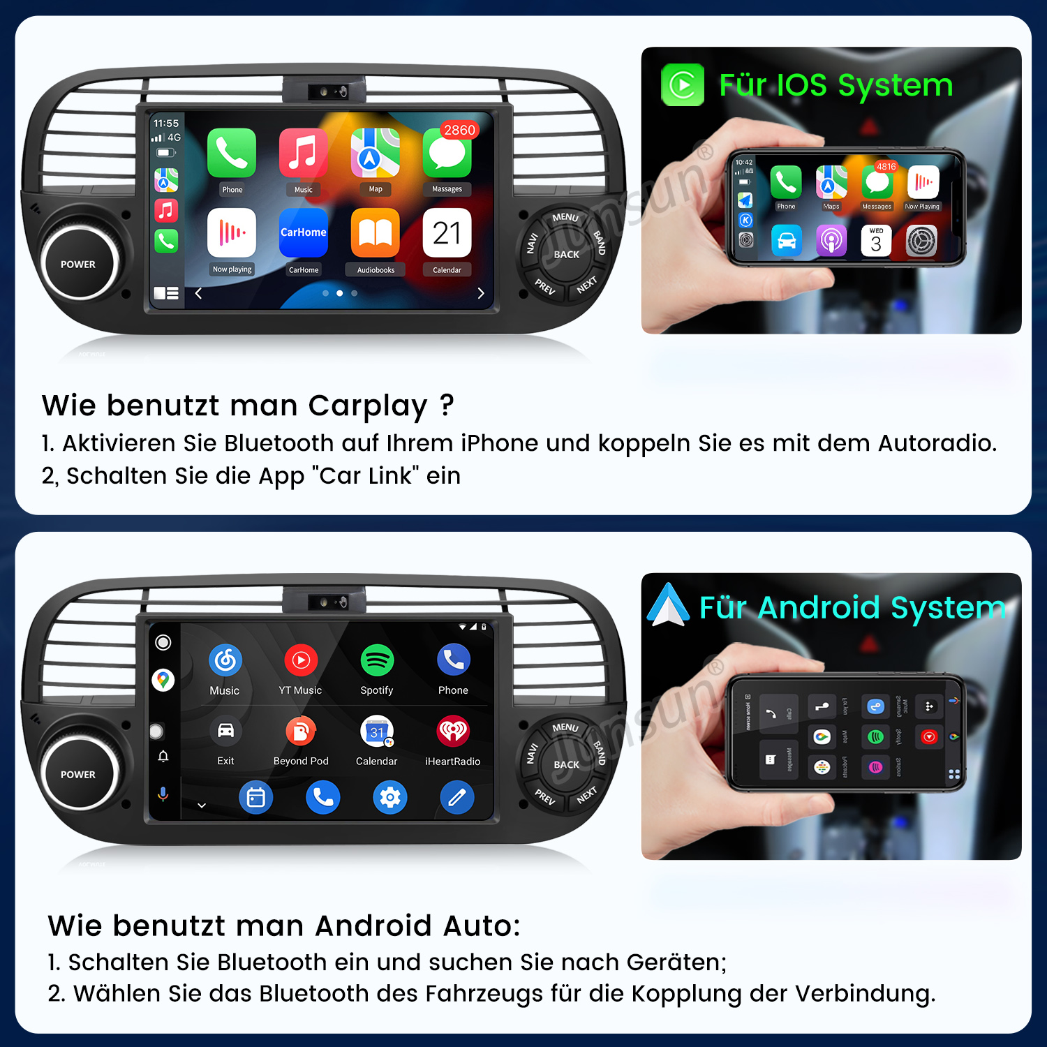 Demonstration von iOS CarPlay und Android Auto auf einem Autoradio-Bildschirm mit App-Icons.