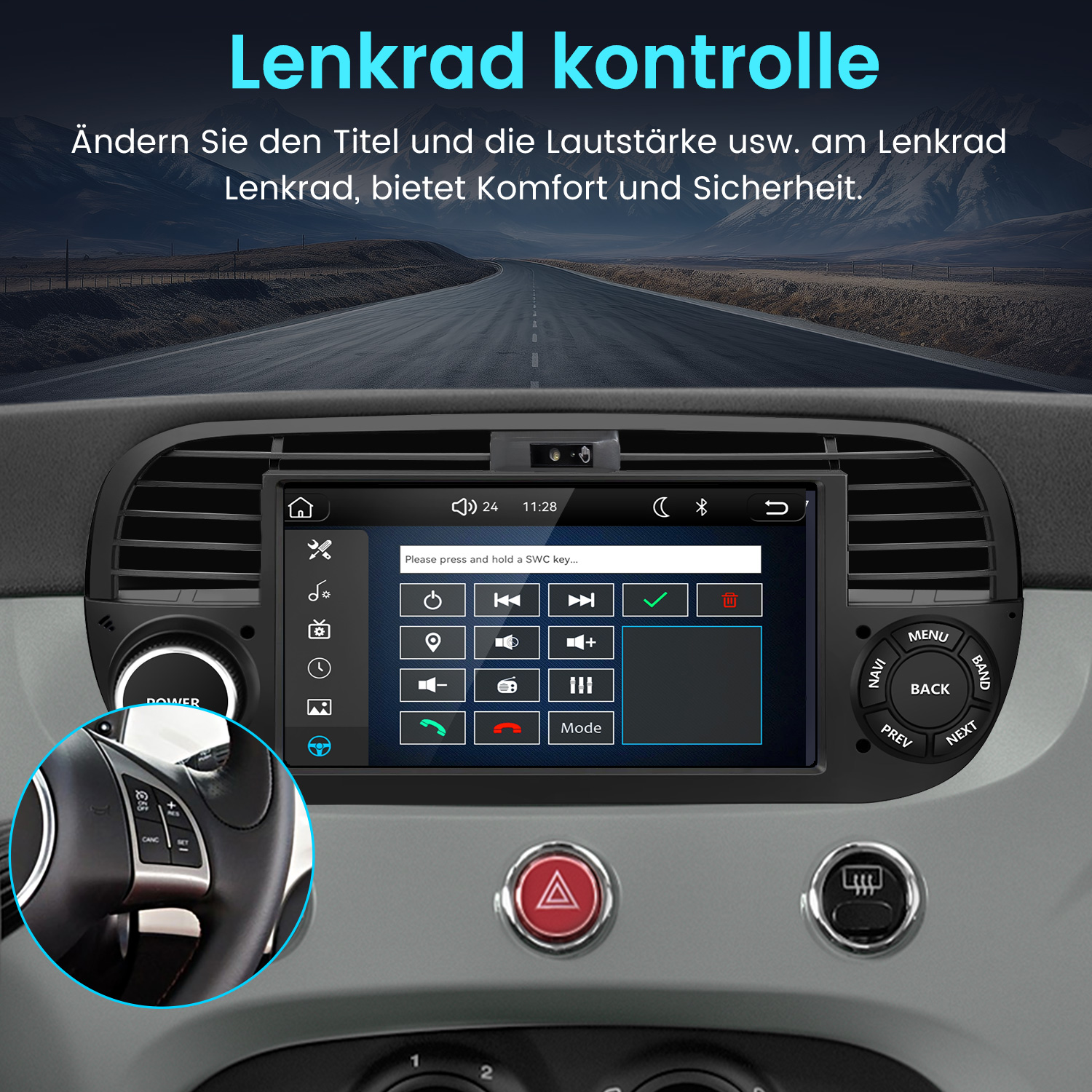 Ein Auto-Innenraum mit einem Touchscreen-Display und Lenkradsteuerungen.