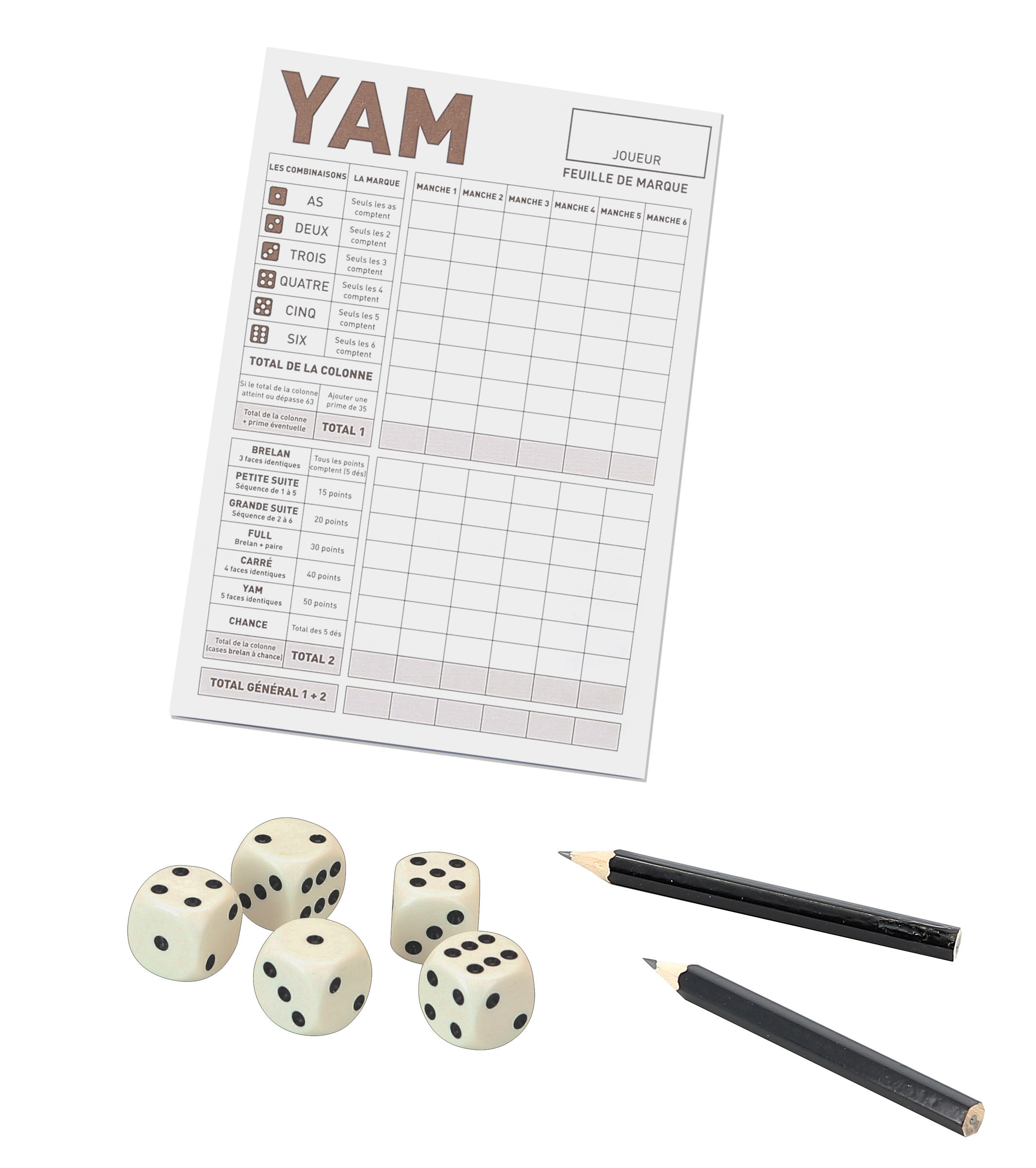 Spielbrett und Würfel für das Spiel Yam mit Bleistiften.
