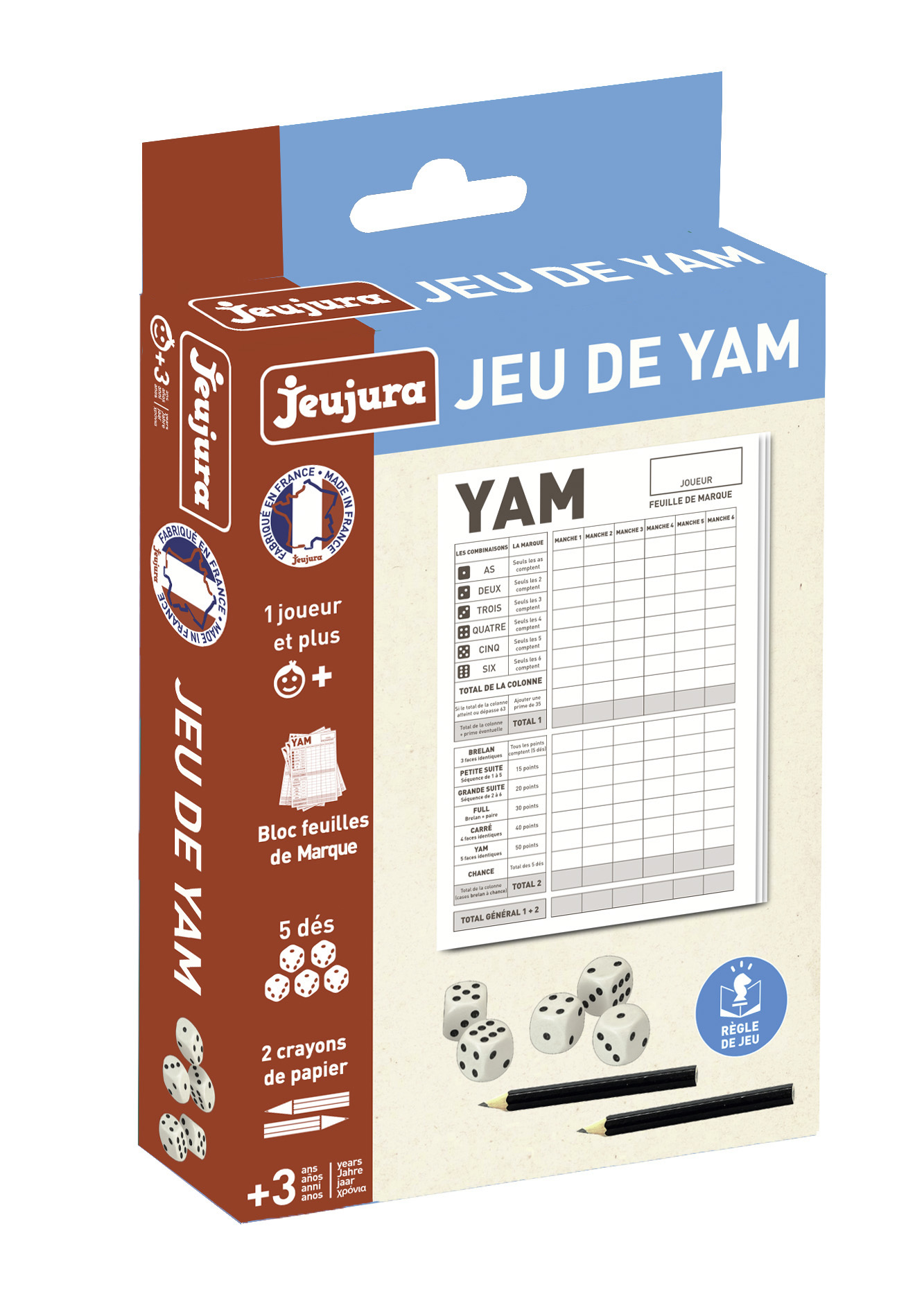 Ein "Jeu de Yam" Brettspielpaket mit Würfeln, Bleistiften und Wertungsblöcken.