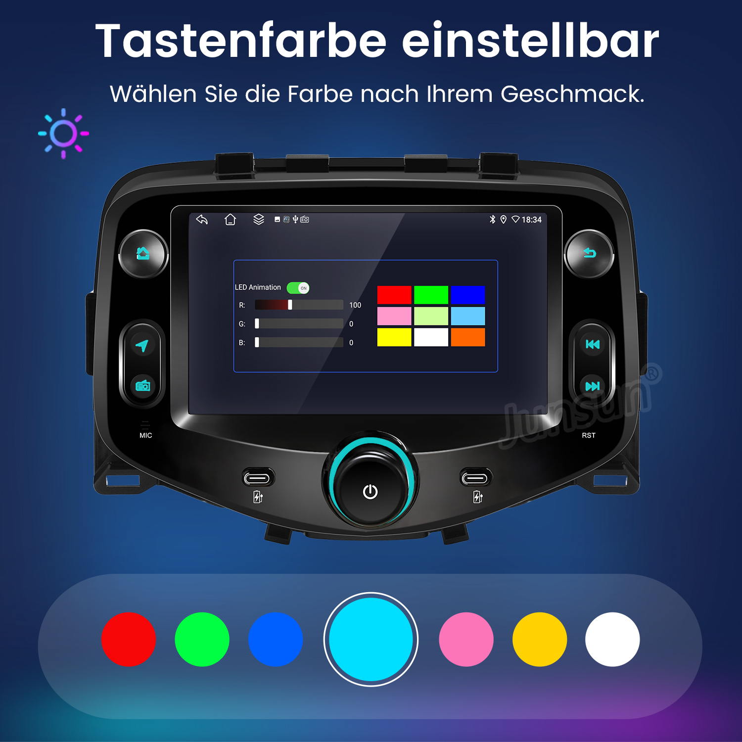 Ein Autoradio-Display zeigt ein Farbauswahlmenü für LED-Tasten.
