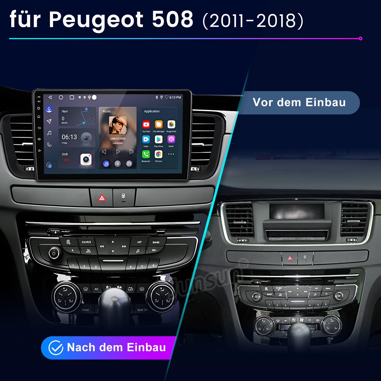 Einbau-Vergleich eines Peugeot 508 Autoradios vor und nach der Installation.