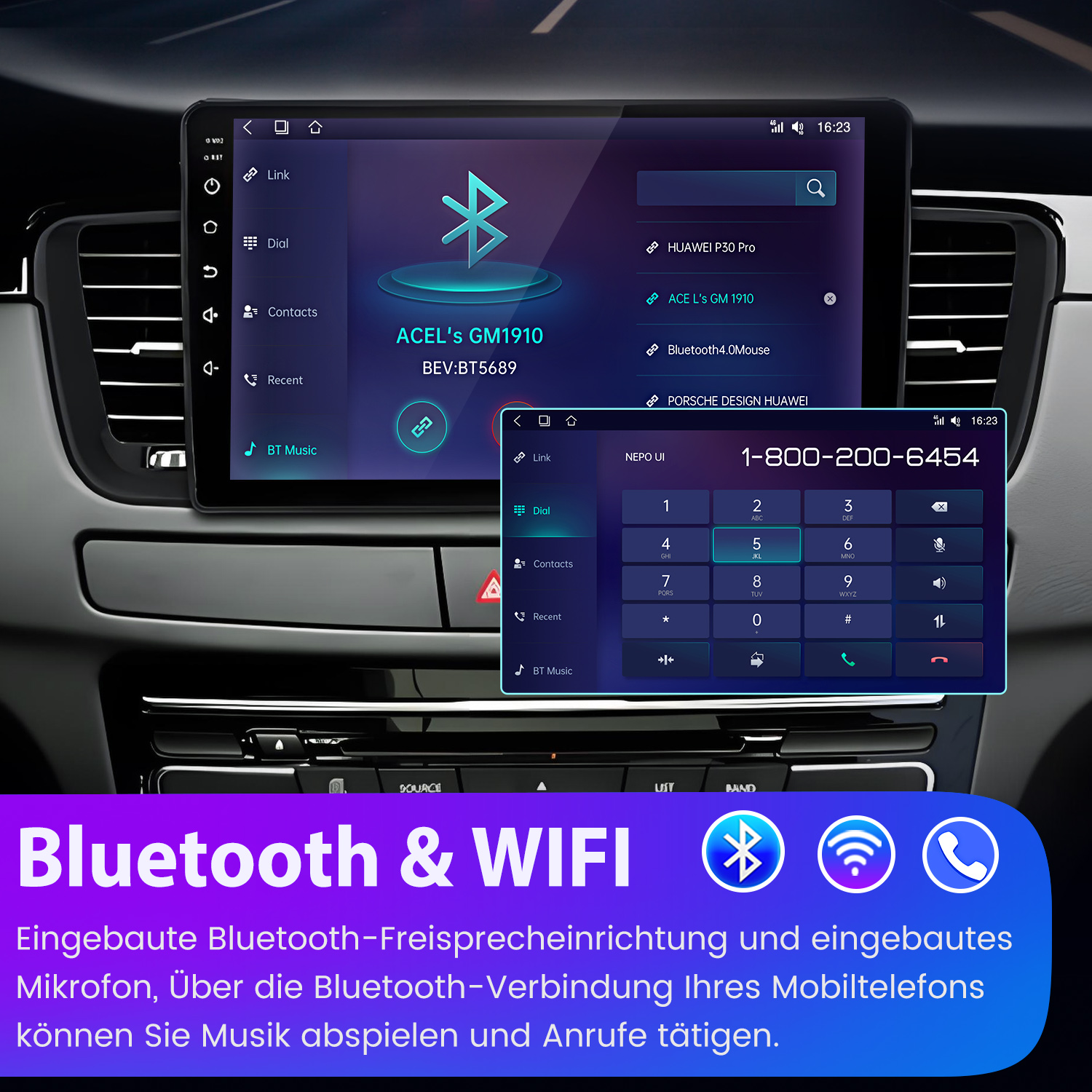 Ein Auto-Infotainment-Bildschirm zeigt Bluetooth- und WIFISymbole, verbundenes Telefon.
