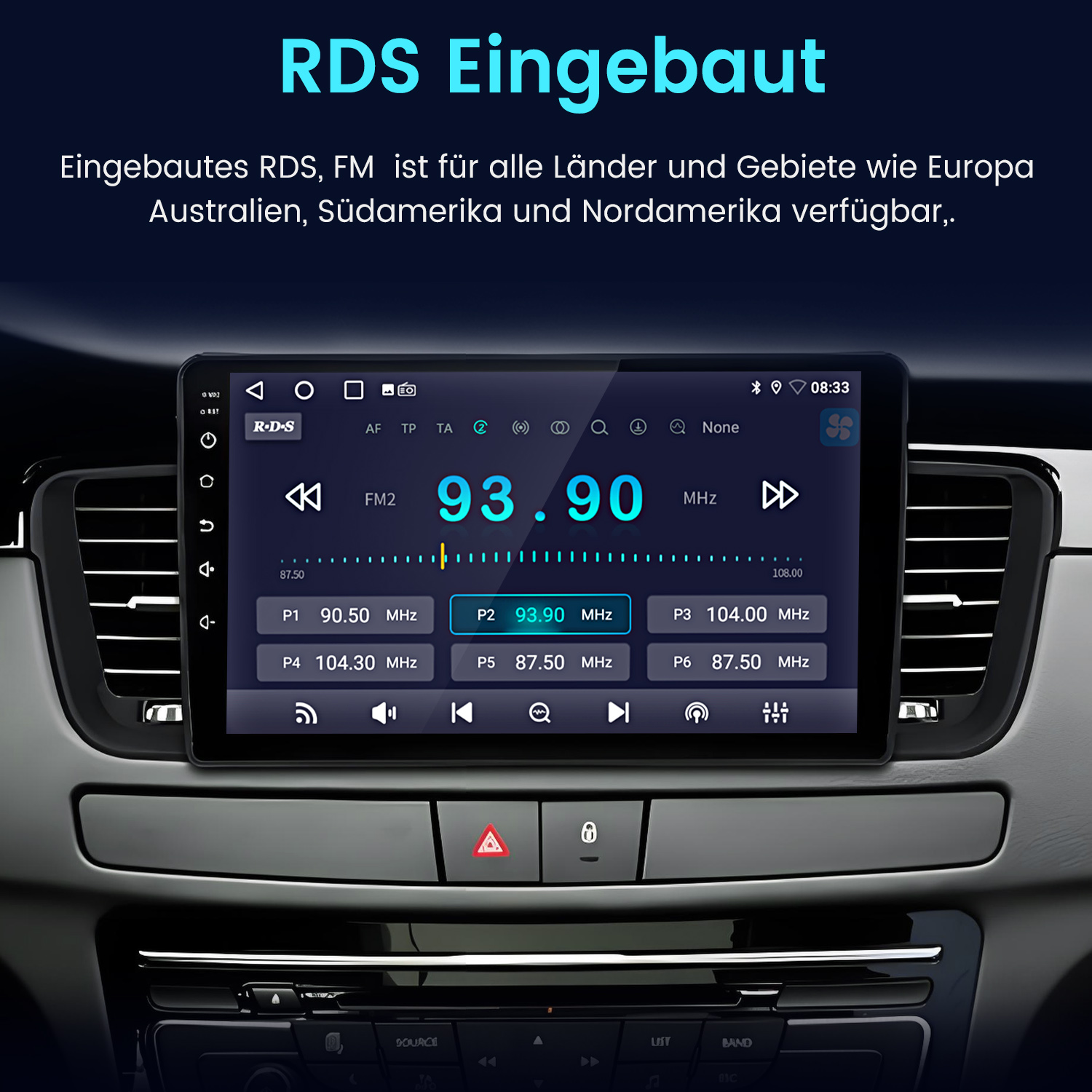 Ein Autoradio-Bildschirm zeigt RDS-Informationen mit einer Frequenz von 93.90 MHz an.