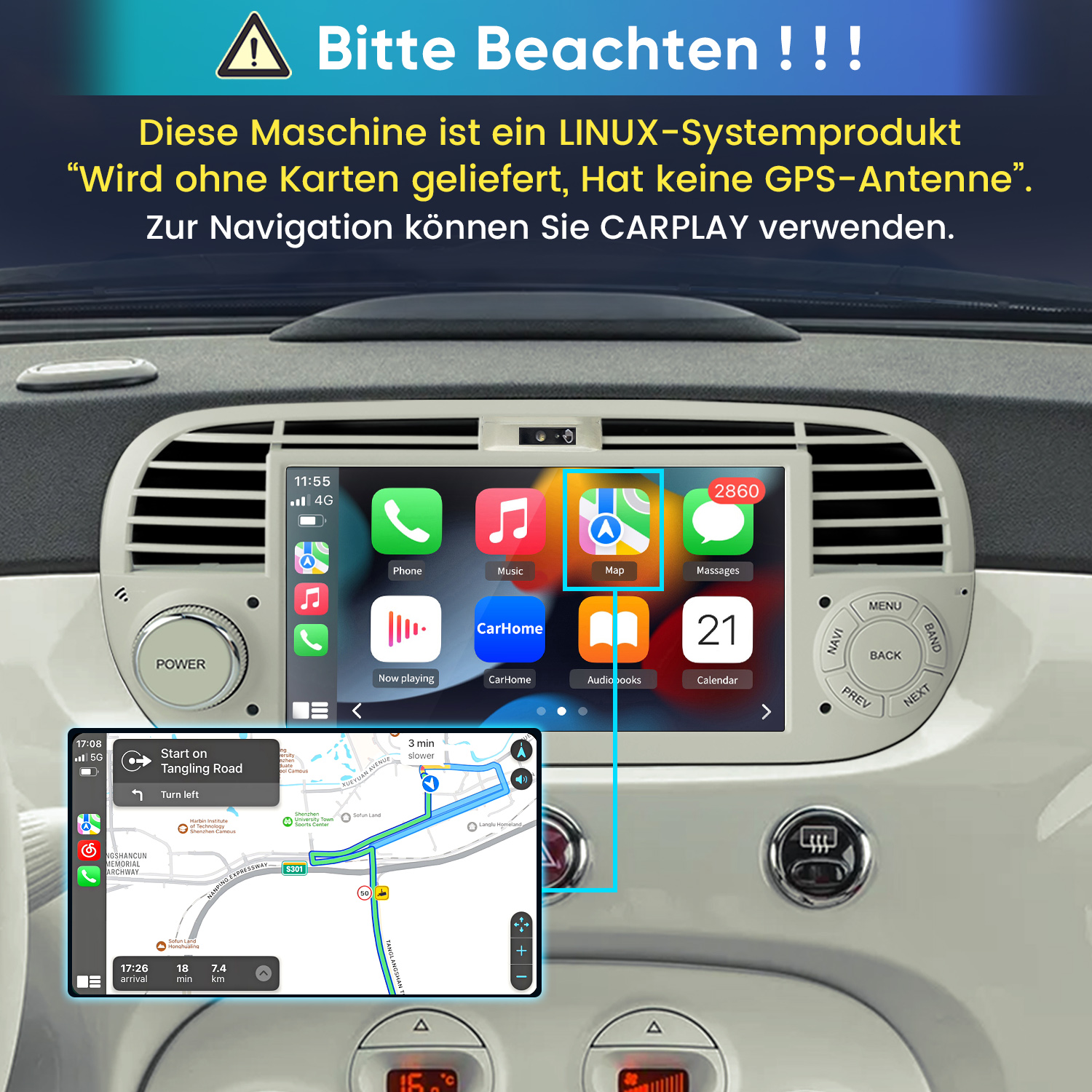 Das Bild zeigt das Armaturenbrett eines Autos mit einem Infotainmentsystem, das eine Karte anzeigt.
