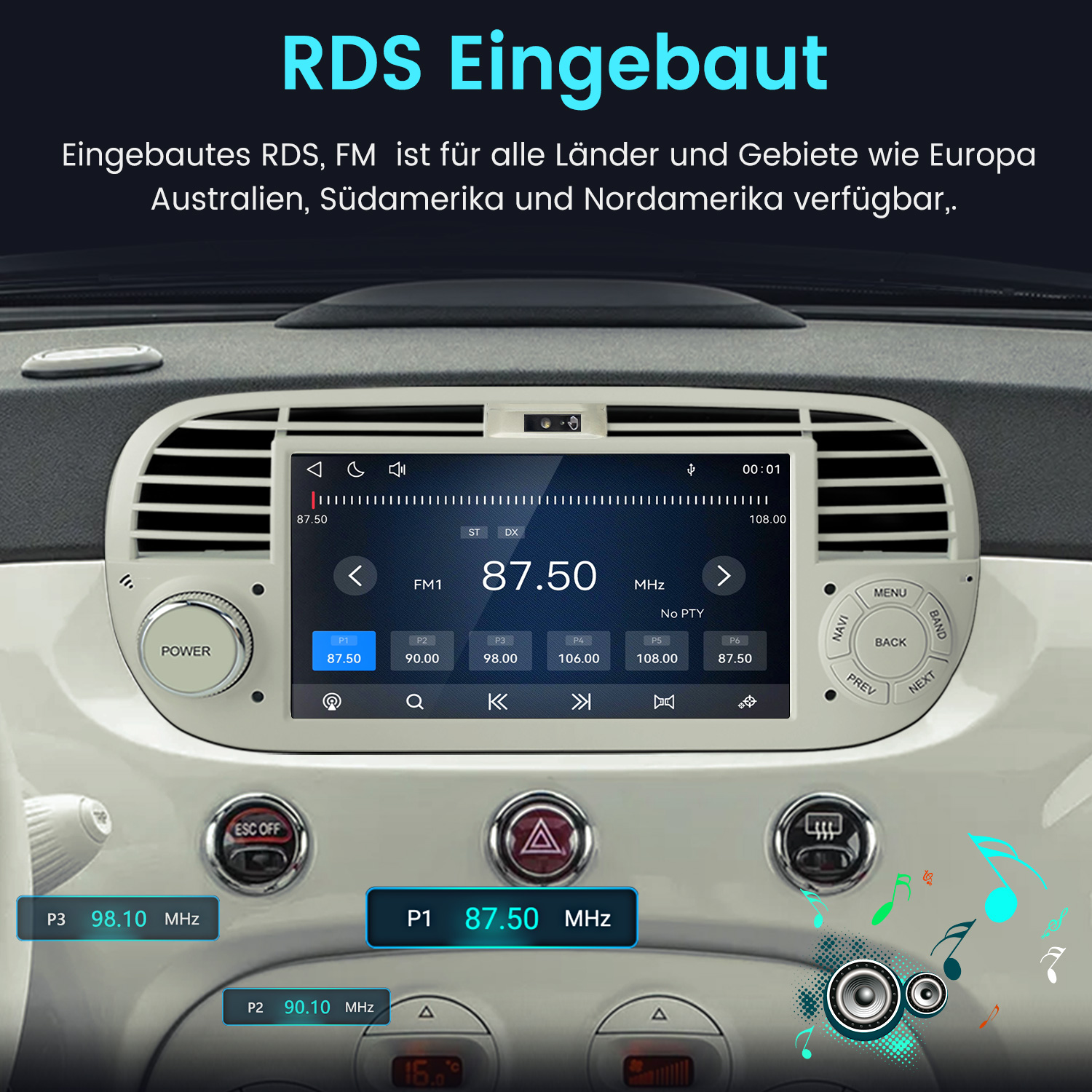 Ein Autoradio-Display zeigt FM1 mit 87.50 MHz, Sender und Steuerelementen.