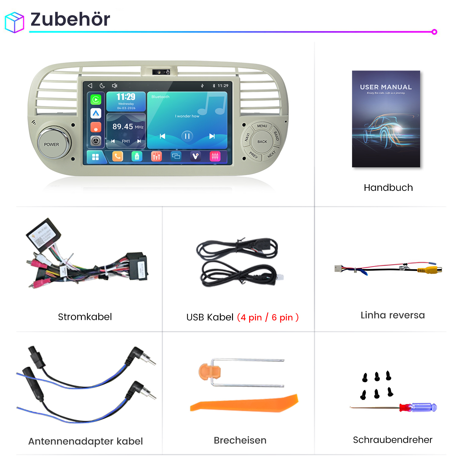 Ein Autoradio mit Zubehör: Stromkabel, USB-Kabel, Rückfahrkamera-Kabel, Antennenadapter, Werkzeug und Schraubendreher.
