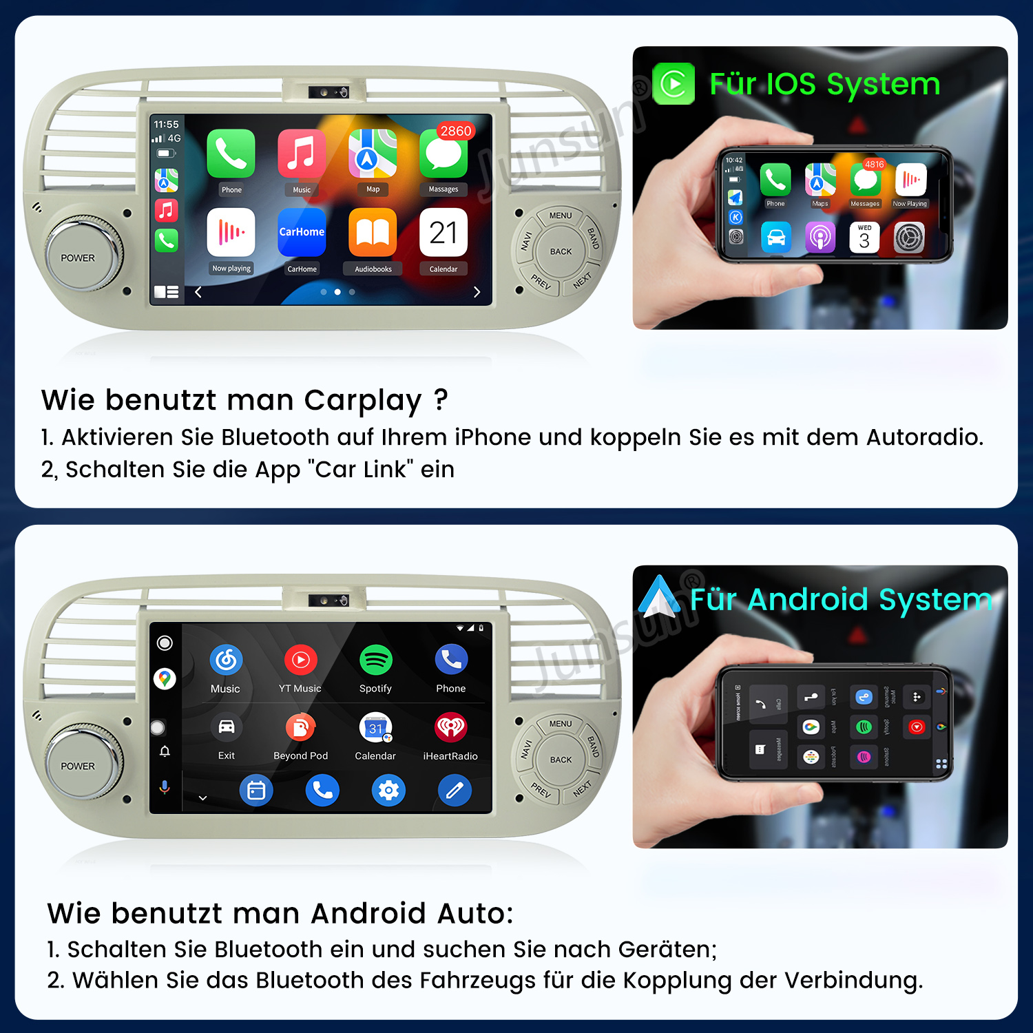 Ein Autoradio mit Carplay für iOS und Android Auto. Beide Systeme werden gezeigt.