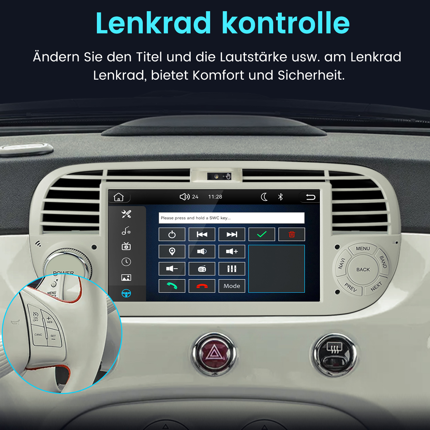 Bedienfeld eines Autos mit Touchscreen-Radio und Lenkradansicht.