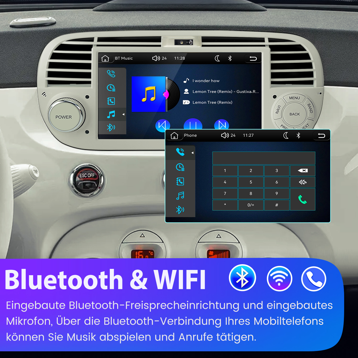 Autoinnenraum mit Infotainment-Bildschirm, der Musik und Telefonmenü anzeigt.