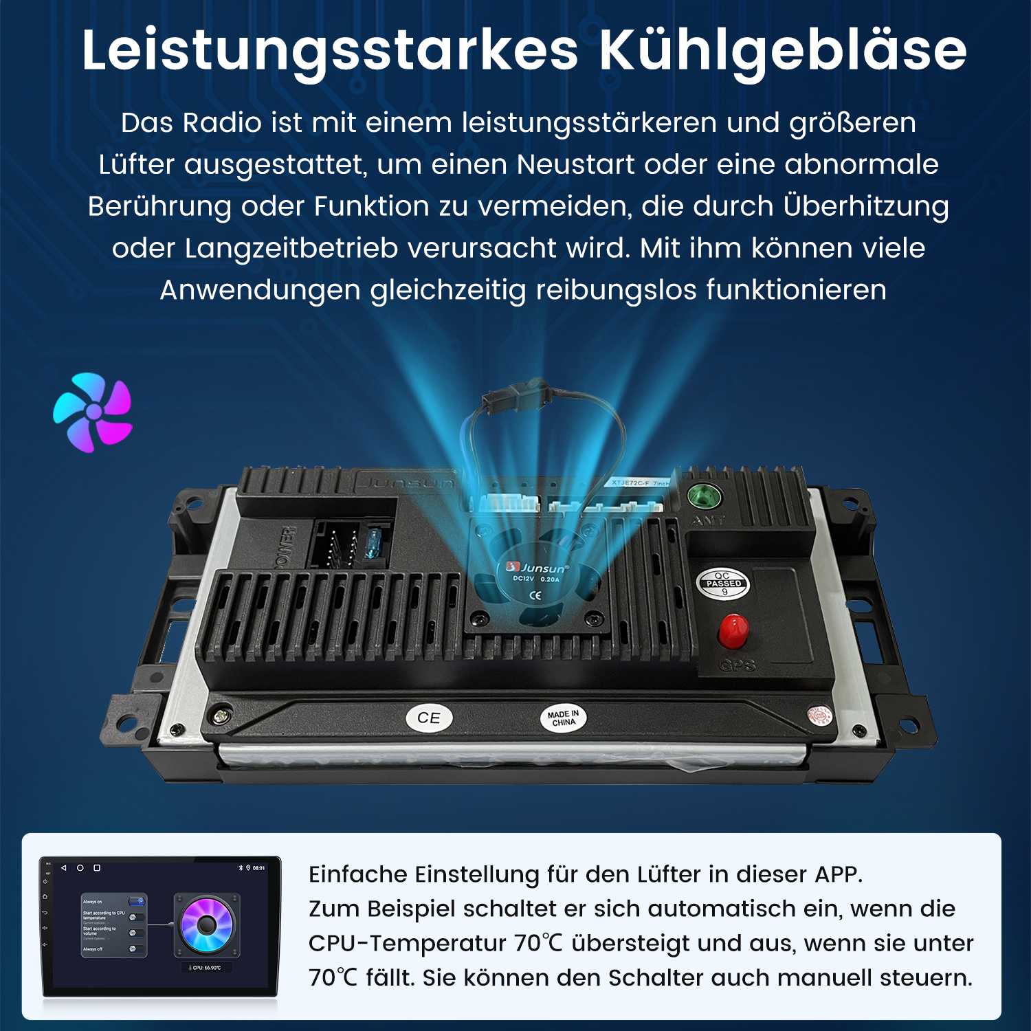 Ein Autoradio mit Lüfter und App-Steuerung, die CPU-Temperatur anzeigt.