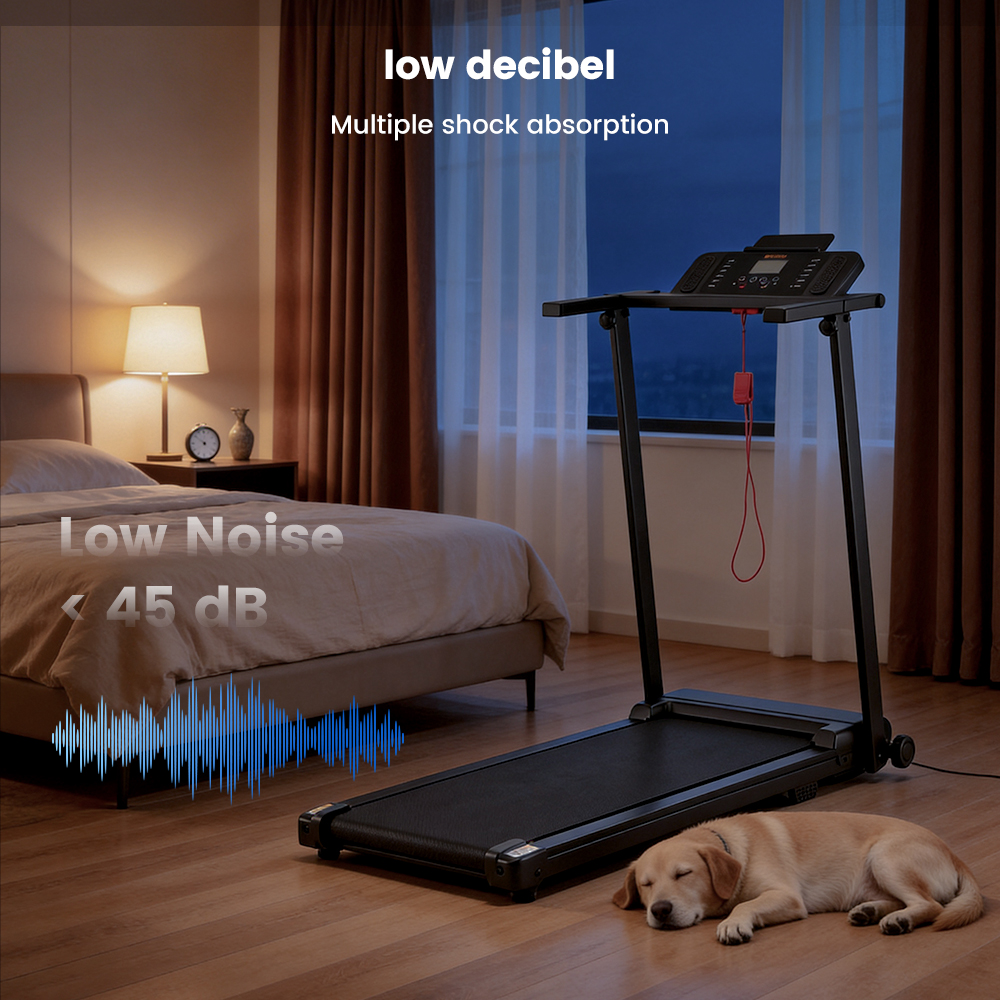 Ein Laufband steht neben einem Bett, ein Hund schläft daneben.