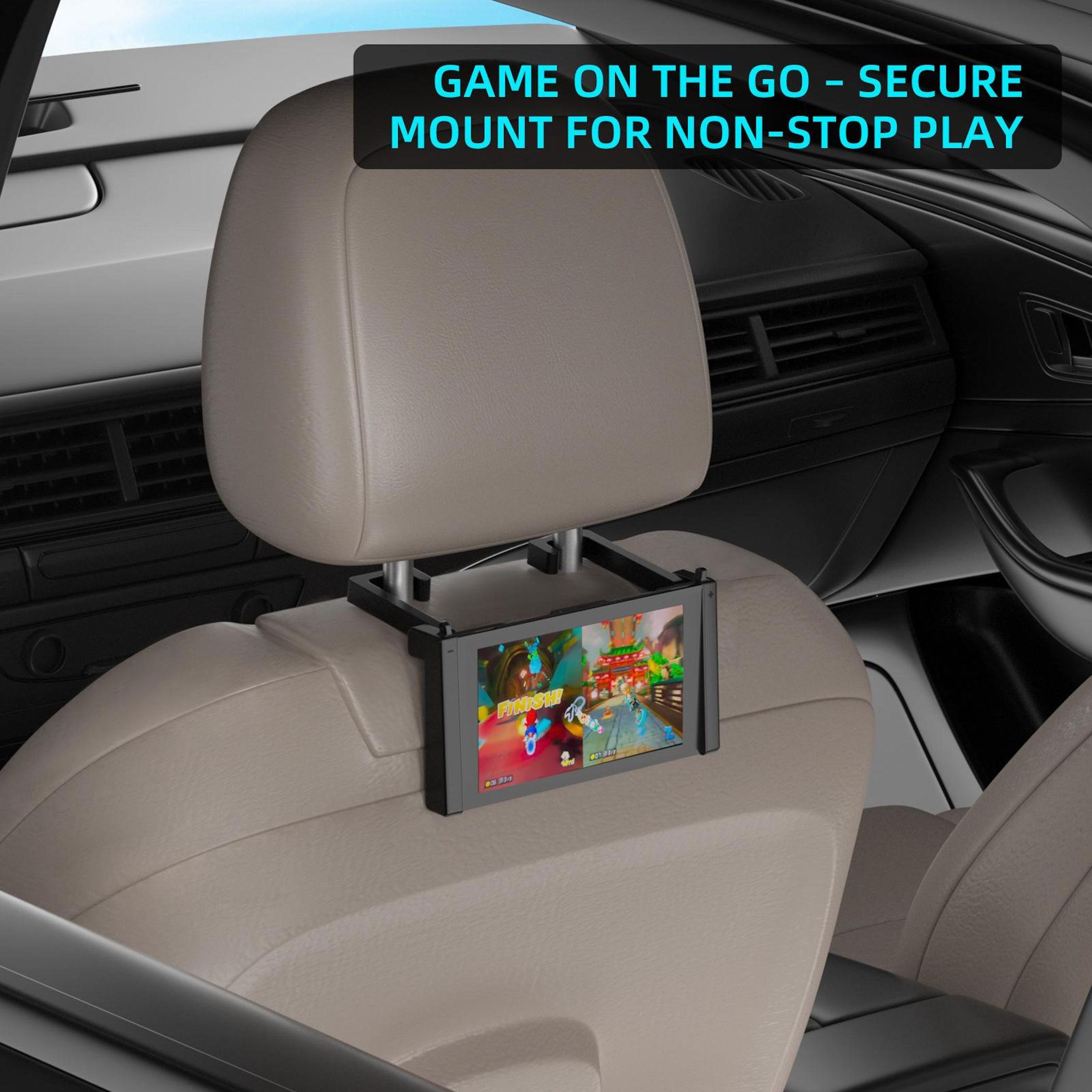 Ein Spiel auf dem Autositz mit einer Halterung für ein Nintendo Switch.