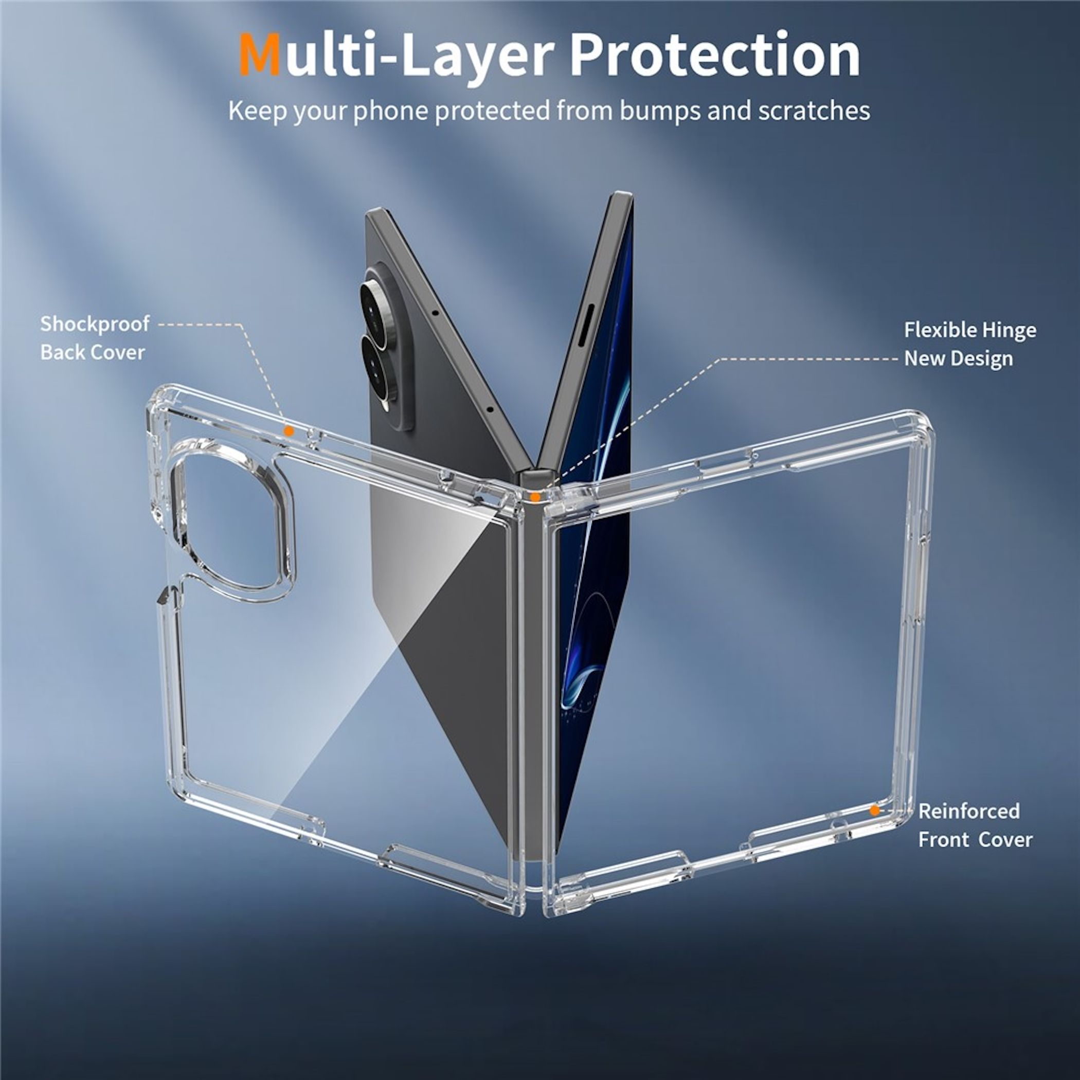 Transparente Schutzhülle für faltbares Handy mit verstärkter Vorderseite.