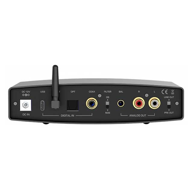 Vista trasera: DC IN, USB, OPT, COAX, FILTER, BAL, ANALOG OUT, LINE OUT, PRE OUT.