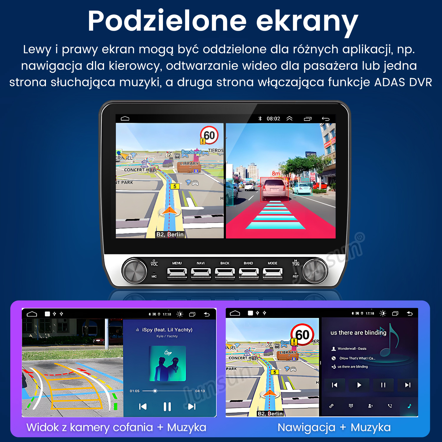 System Infotainment w samochodzie z podzielonym ekranem, nawigacją i muzyką.