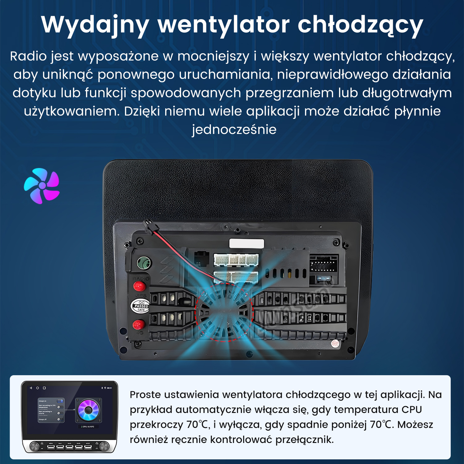 Tył radia samochodowego z wentylatorem i złączami, wentylator się kręci.