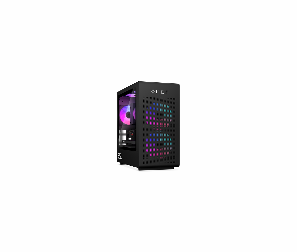 Zwarte OMEN gaming PC kast met RGB ventilatoren en glazen zijpaneel.