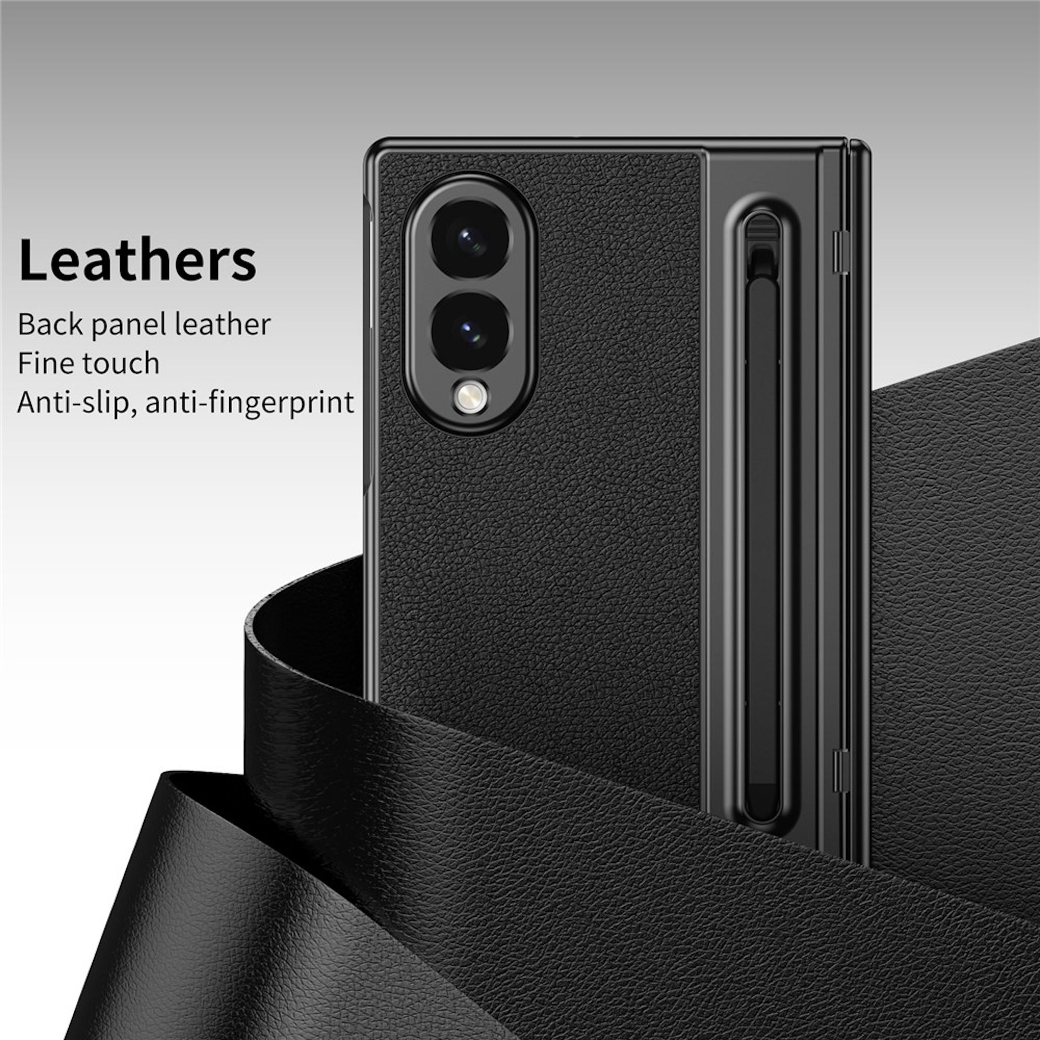Schwarze Lederhülle für ein faltbares Telefon mit Stift-Slot.