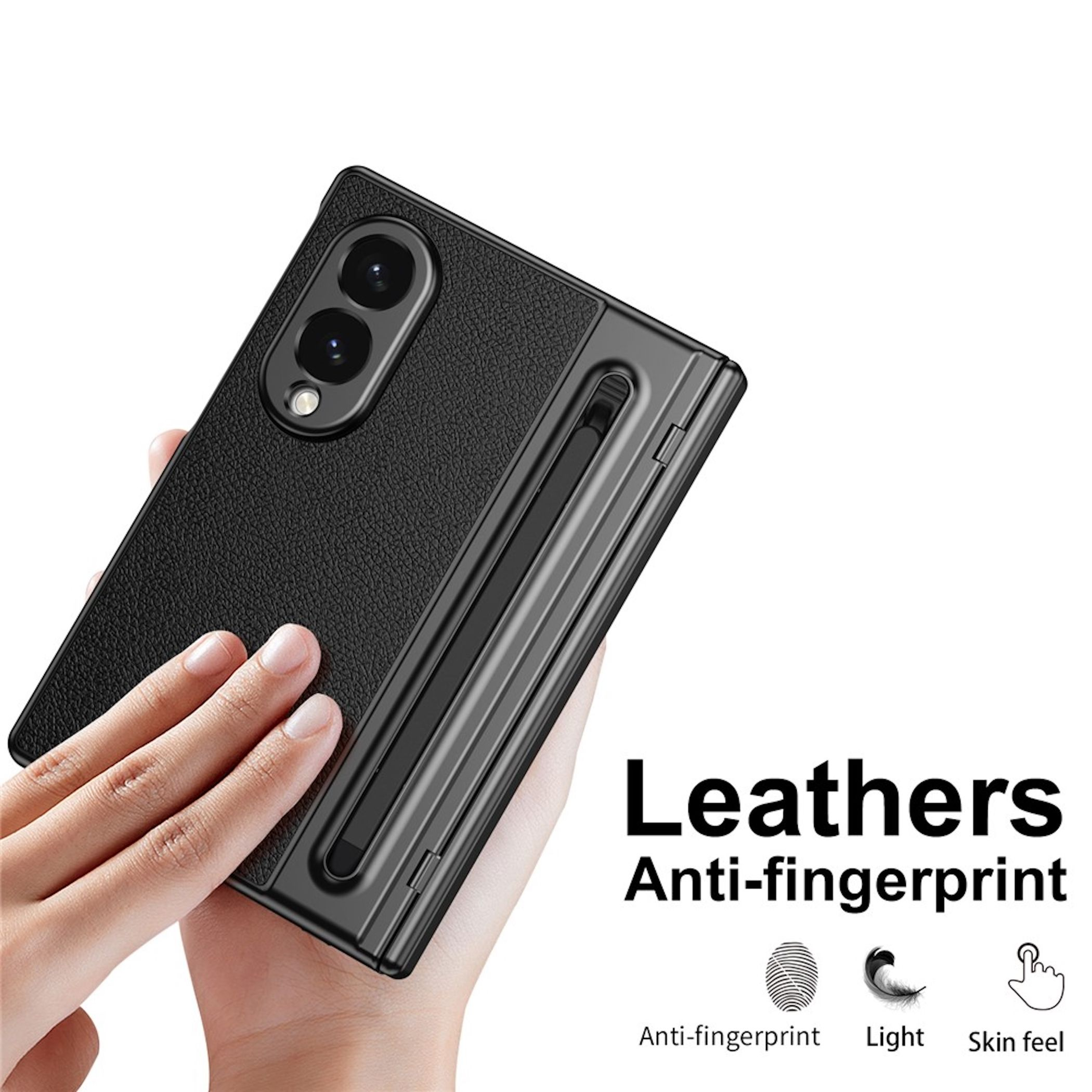 Schwarze Handyhülle mit strukturiertem Leder und Stifthalter wird von einer Hand gehalten.