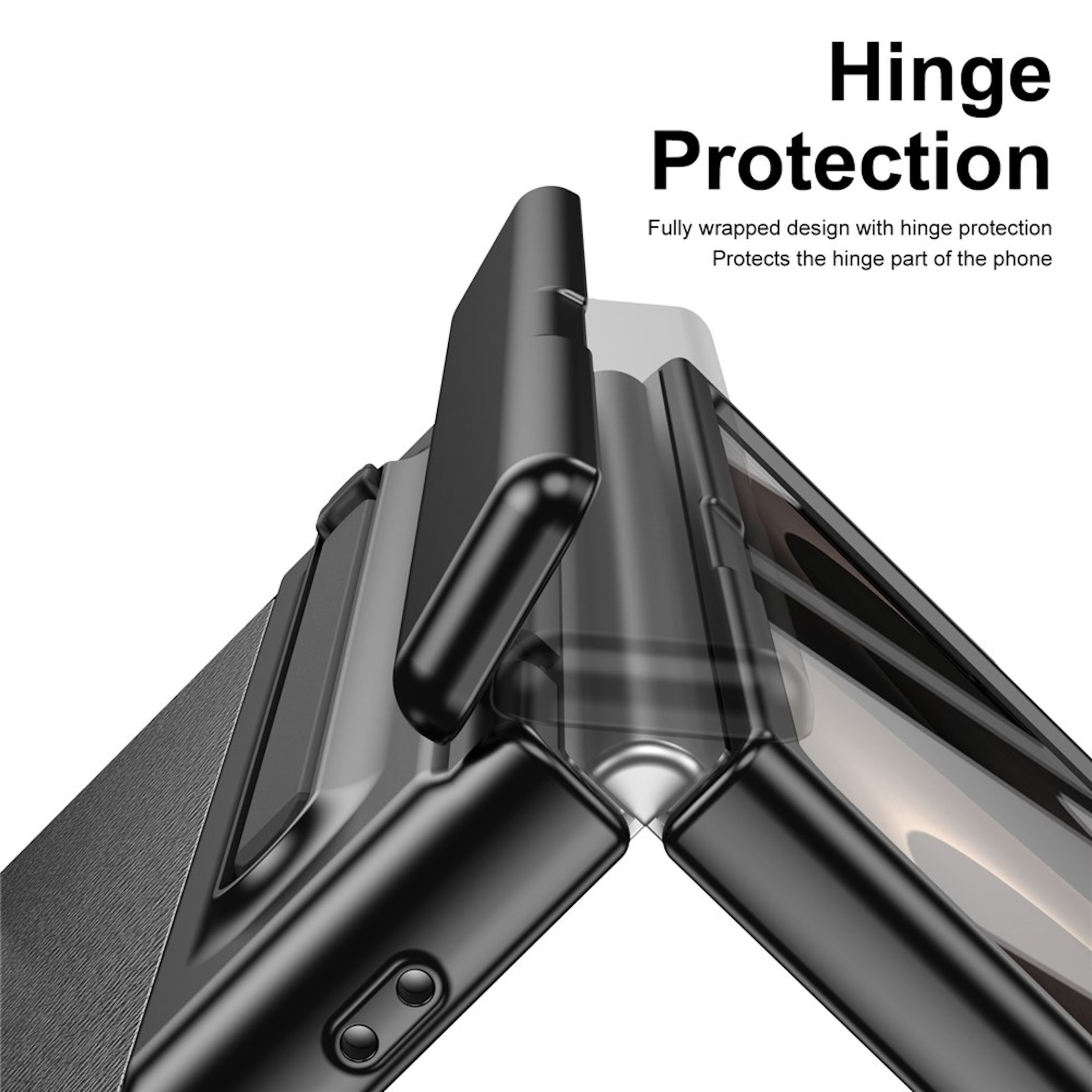 Schwarzes Klapphandy mit Hinge-Schutz. Klare Linien auf weißem Hintergrund.