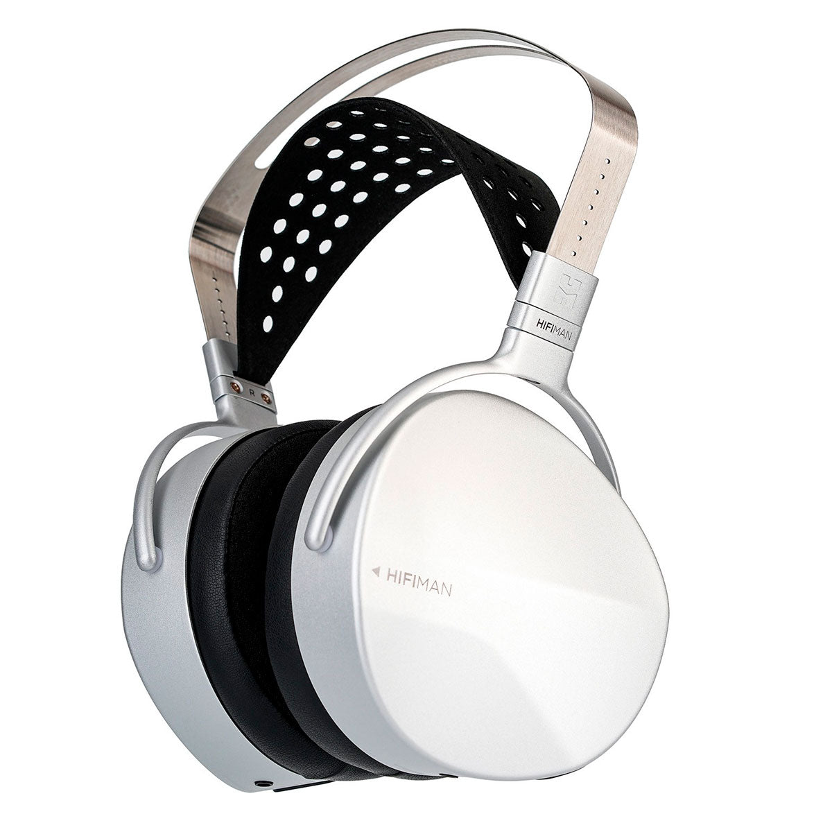 Auriculares HifiMan plateados con banda negra perforada y brazos metálicos plateados.