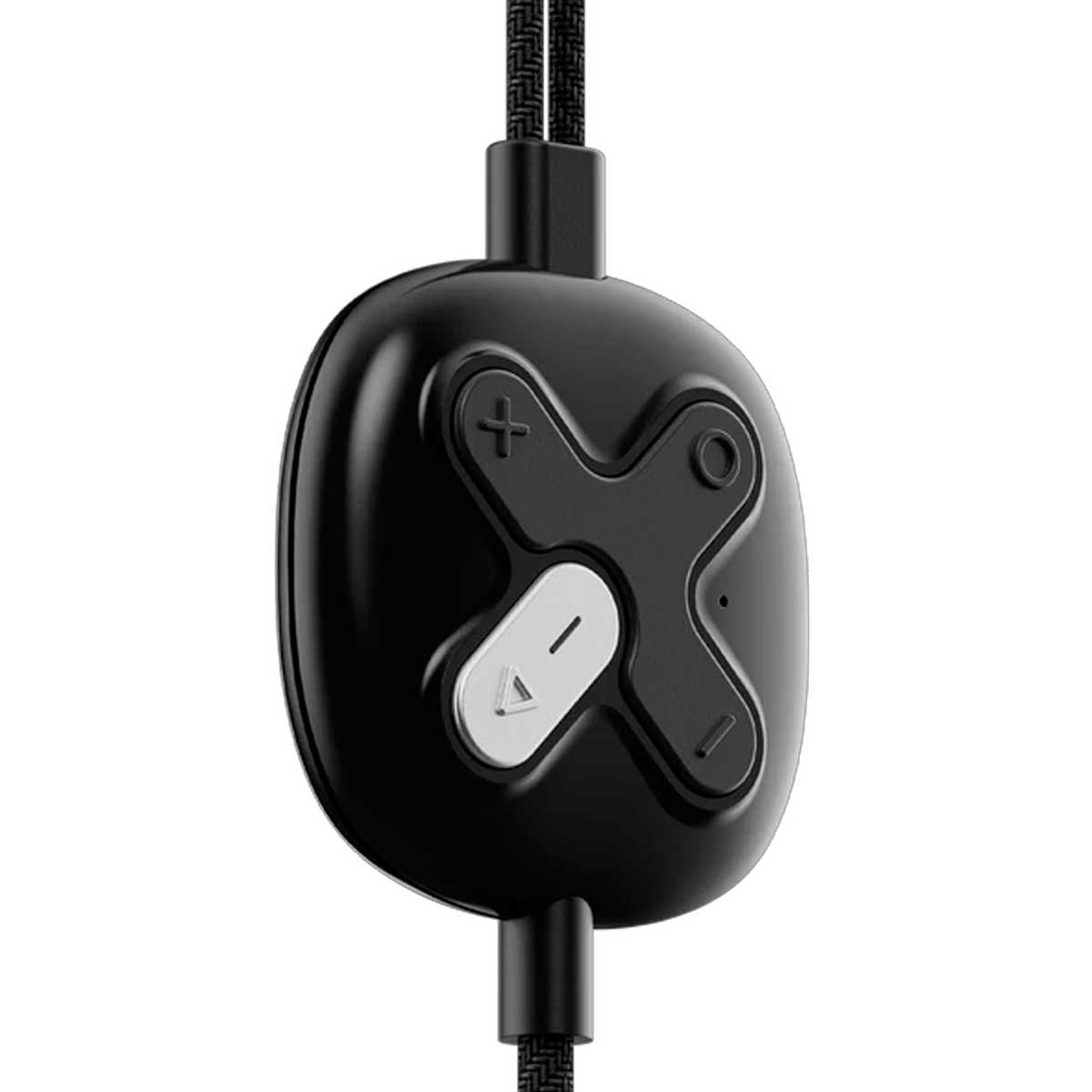 Controlador de auriculares negro con botones de volumen y un botón de reproducir/pausar.