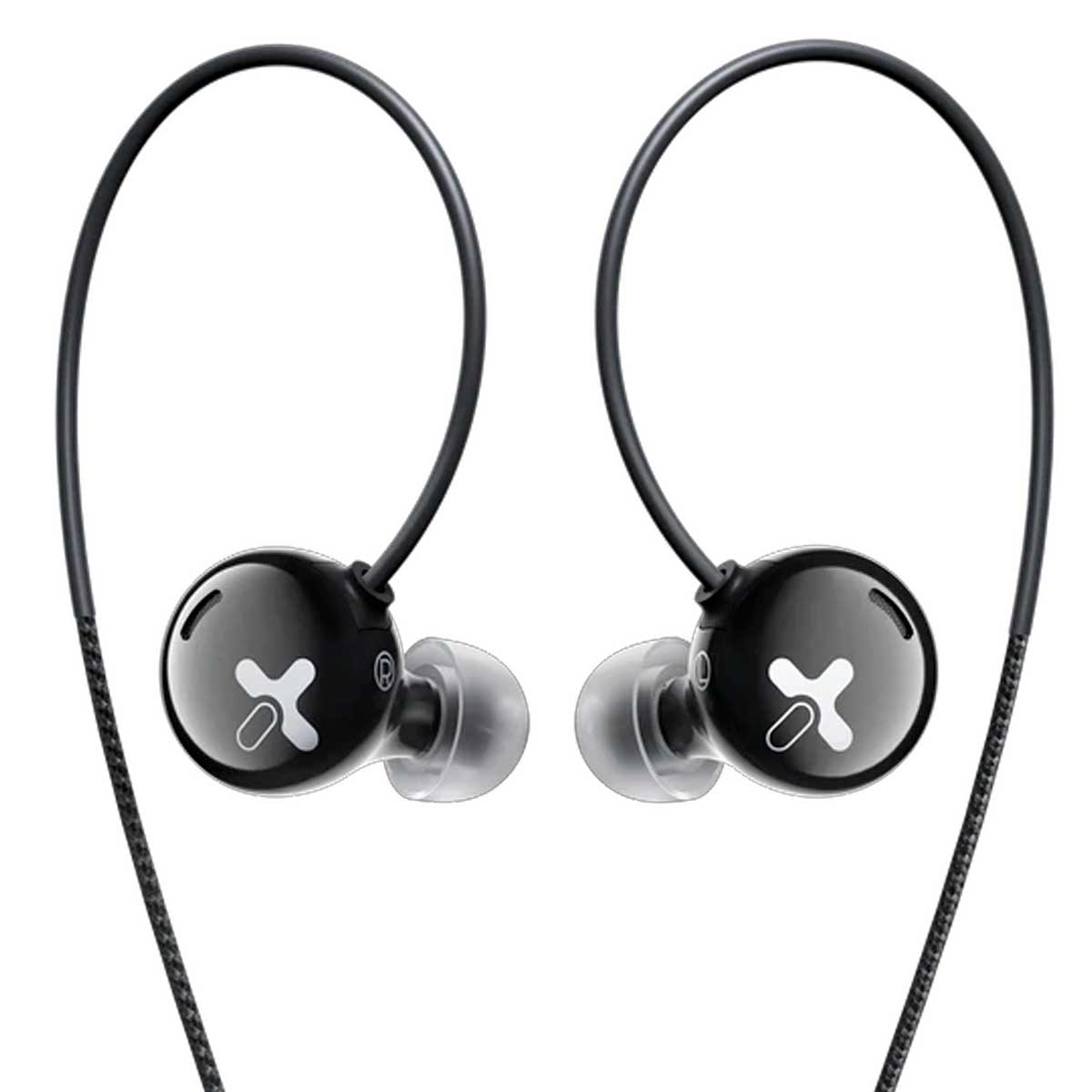 Auriculares negros con logo blanco en X y puntas transparentes.