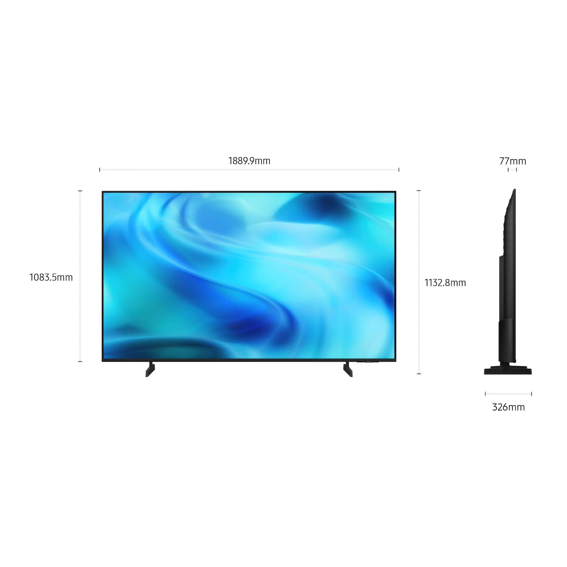Un grande TV con grafica blu fluida, mostrato su un supporto.